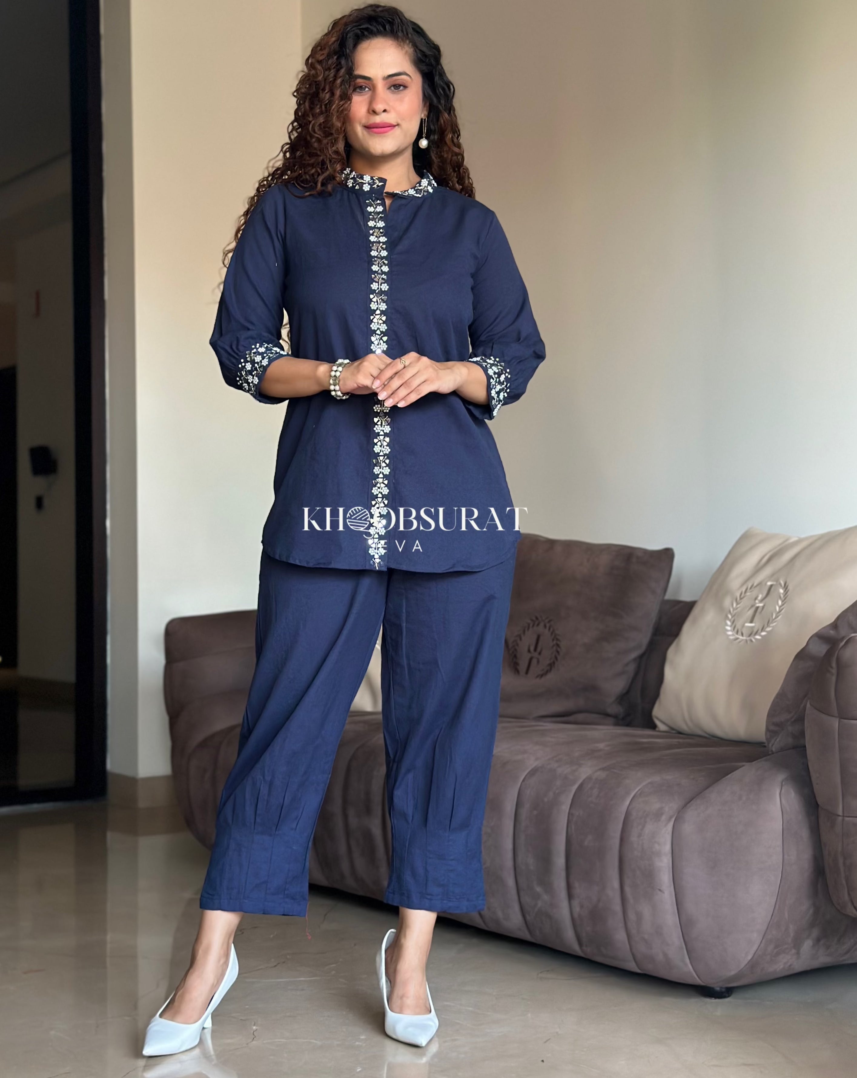 RHEA BLUE MIRROR WORK CO-ORD SET