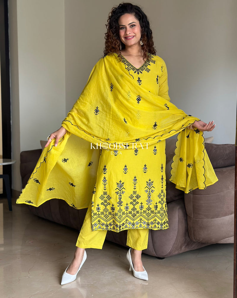 Biba Yellow Kurta Suit Sets For Woman