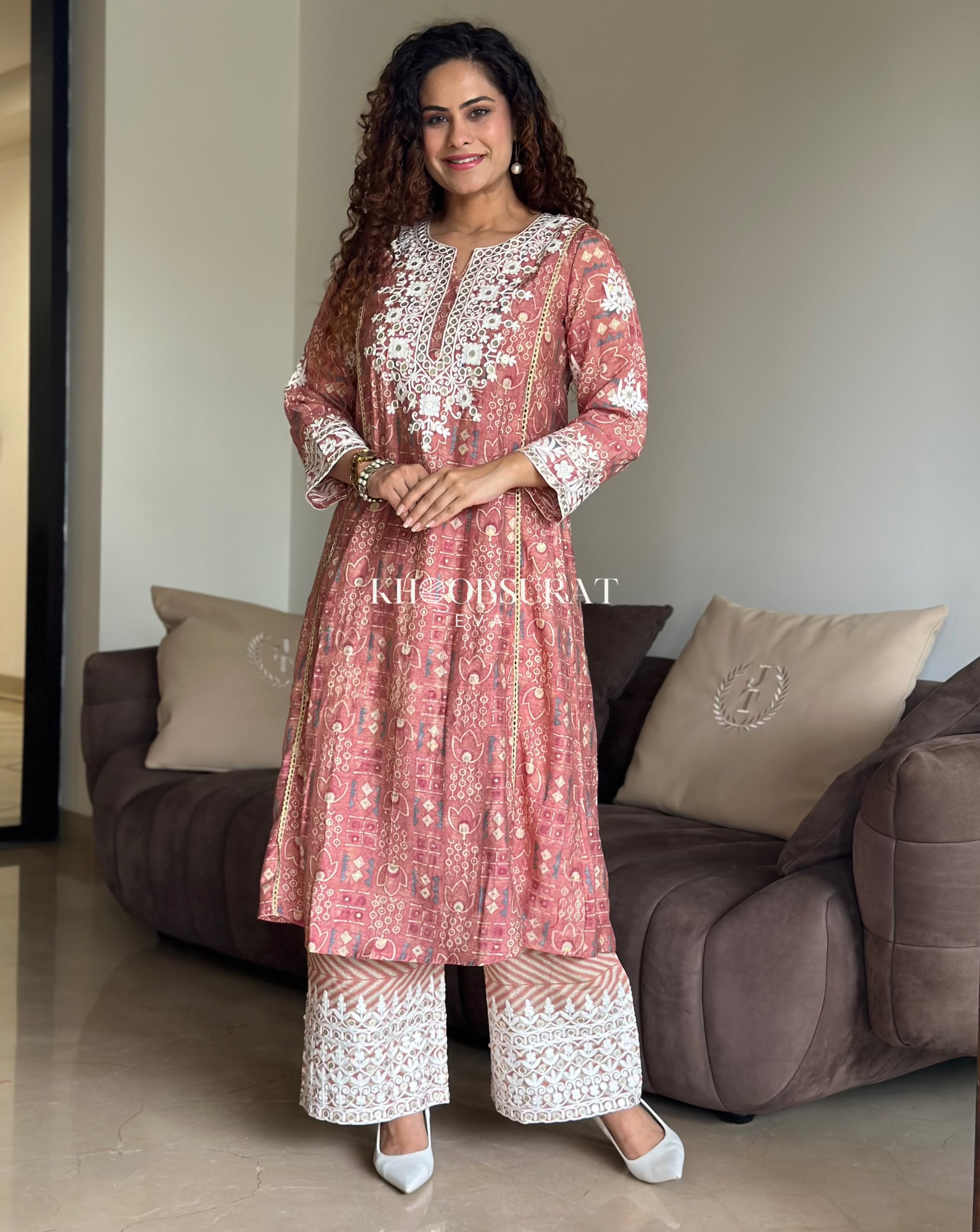 Salmon Pink A-line Kurta Set