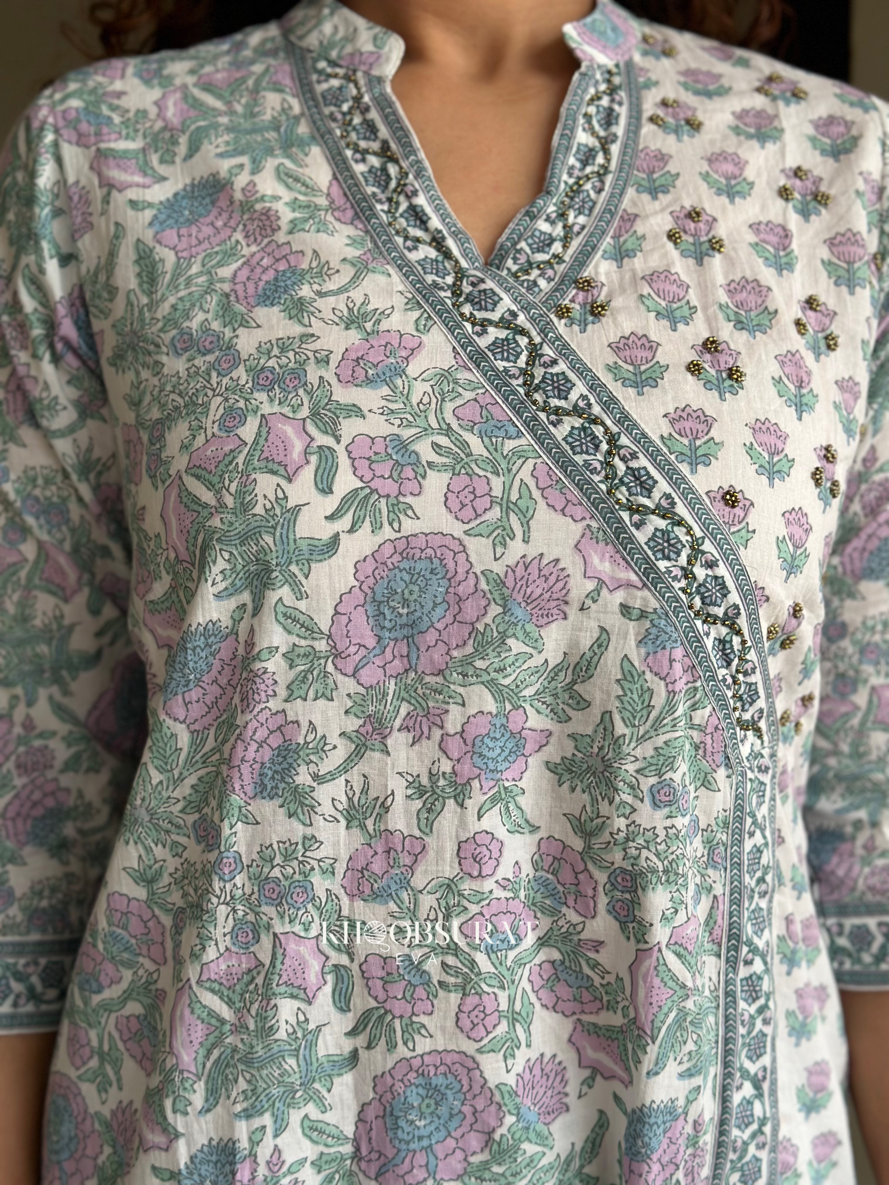 Purple White Hand Block Printed Cotton Suit