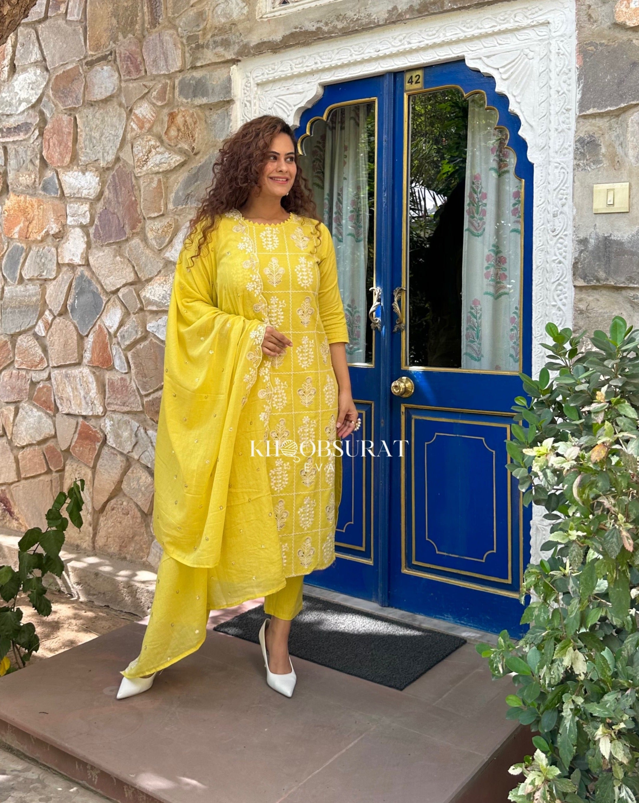 AESTHETIC YELLOW EMBROIDERY KURTA SUIT SET