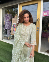 GREEN COTTON SUIT WITH EMBROIDERY