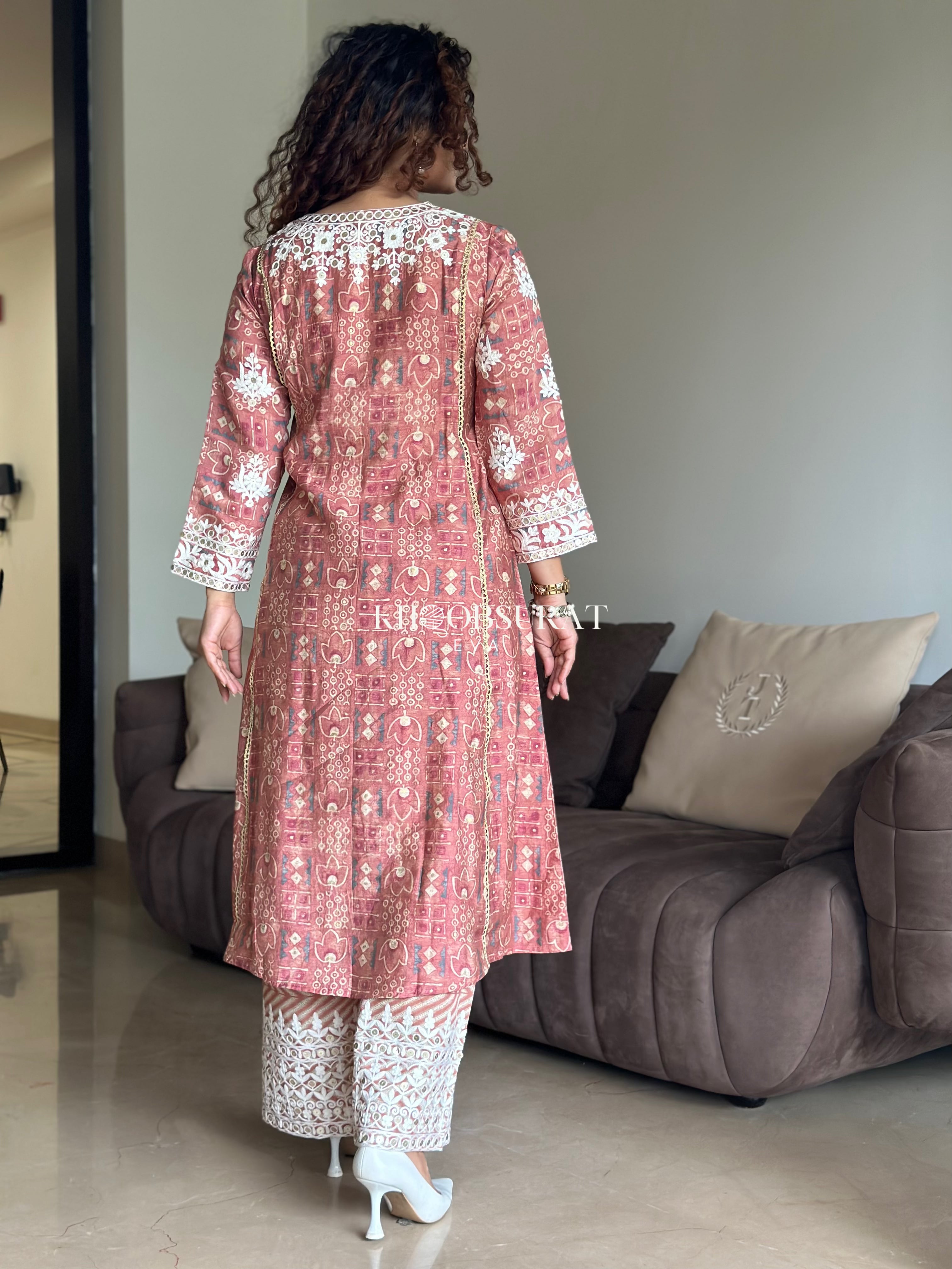 Salmon Pink A-line Kurta Set