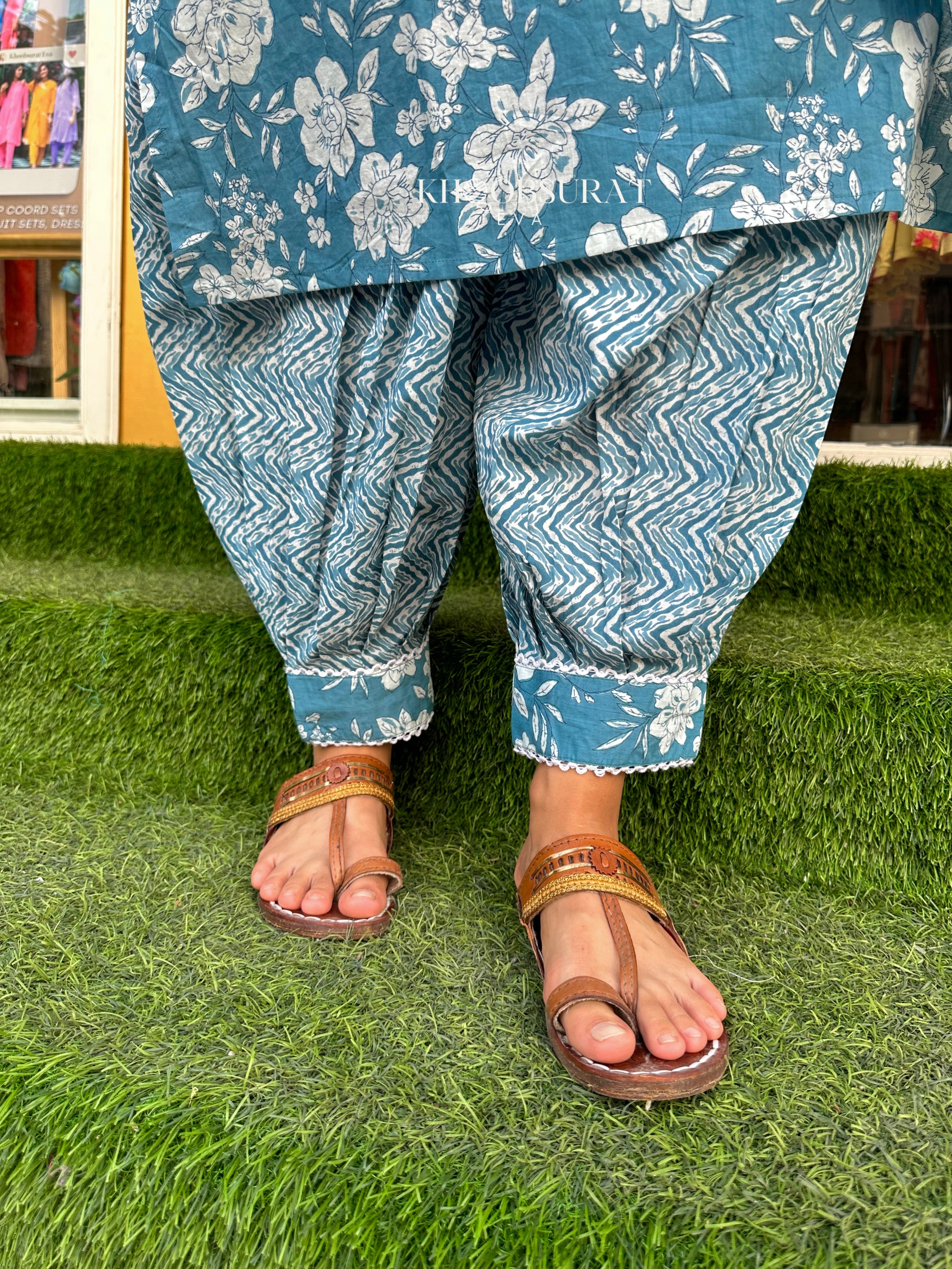 Blue Kurti with Afghani Pants and Dupatta Set