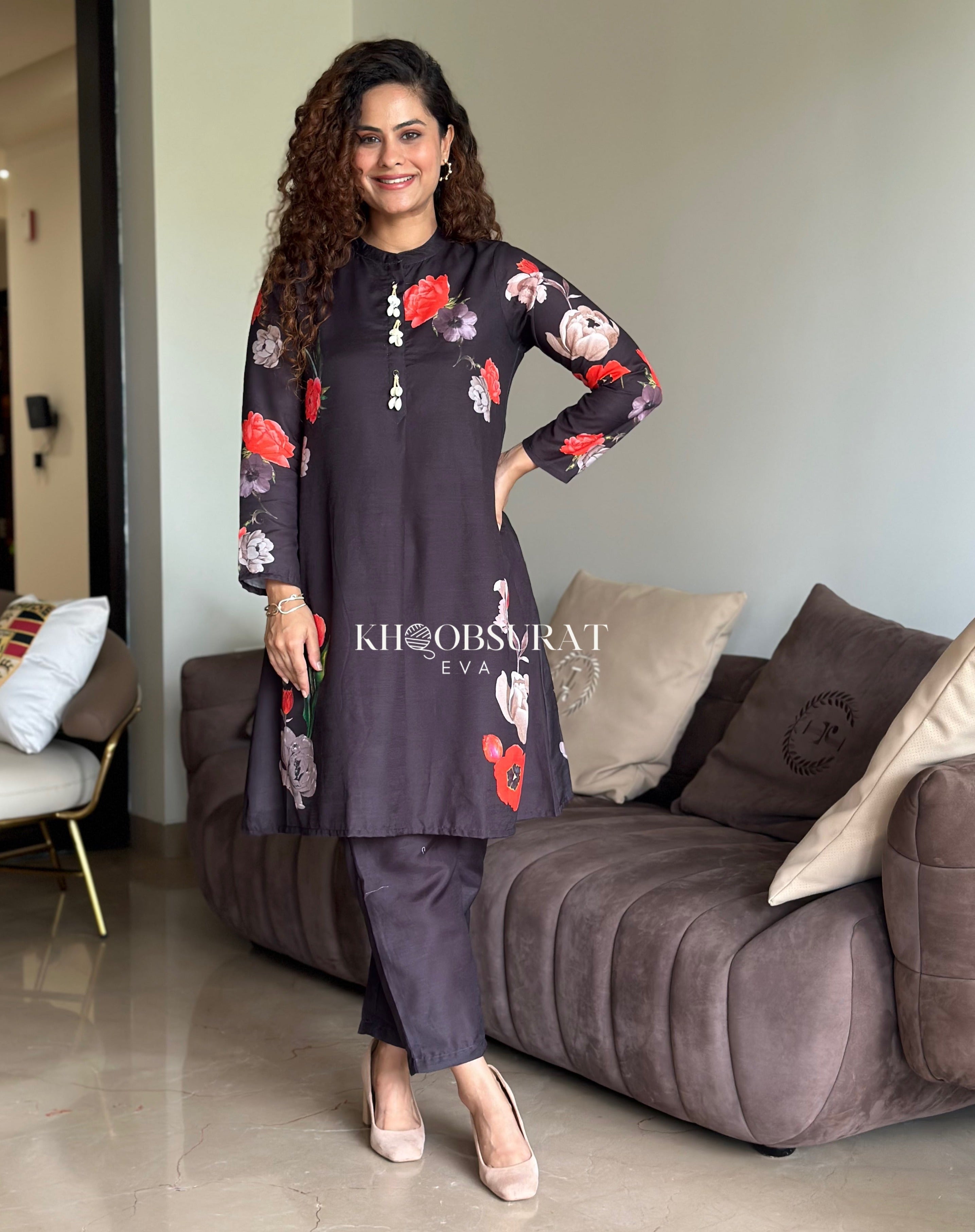 Black Hand Painted Kurta With Pant