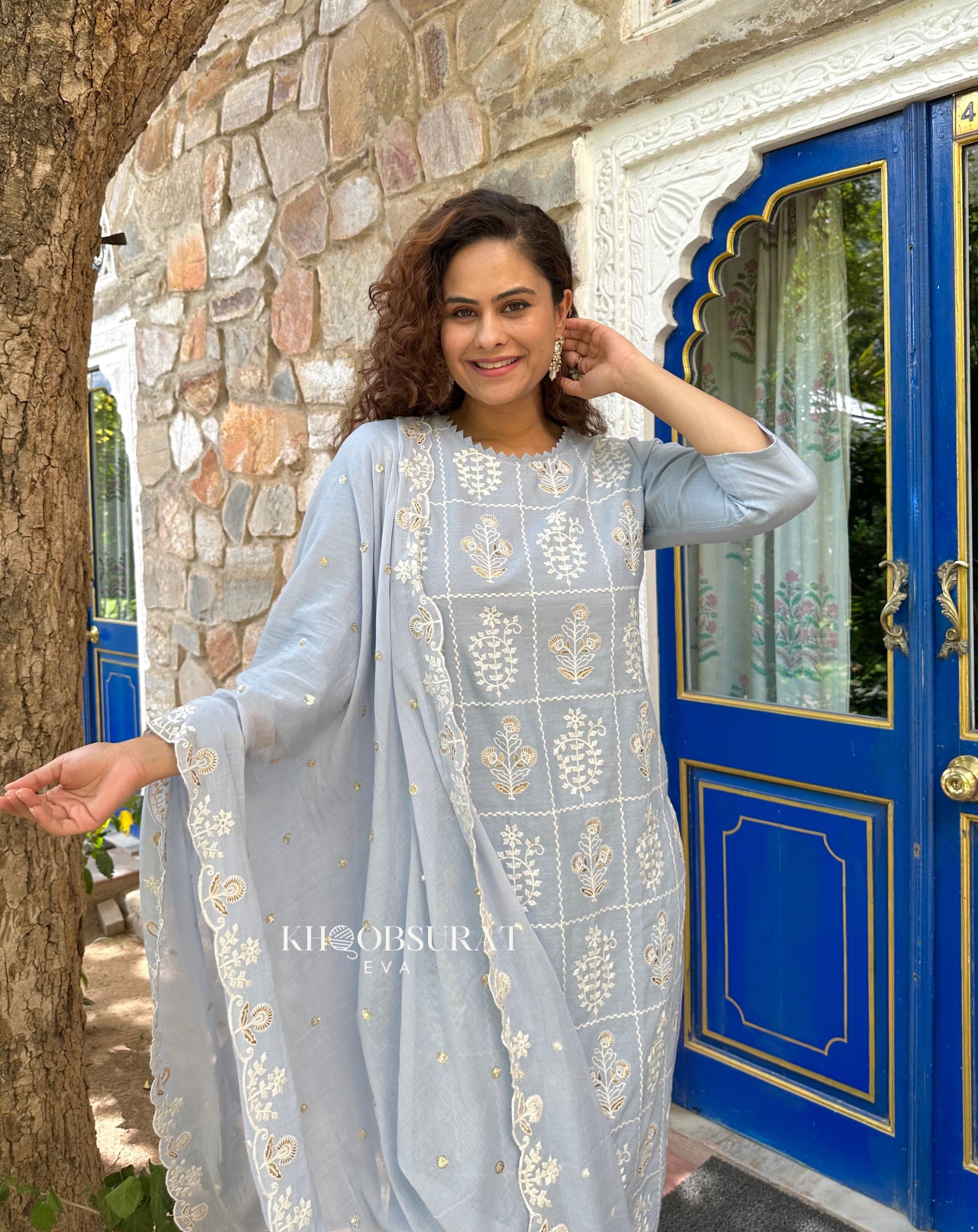 AESTHETIC BLUE EMBROIDERY KURTA SUIT SET 