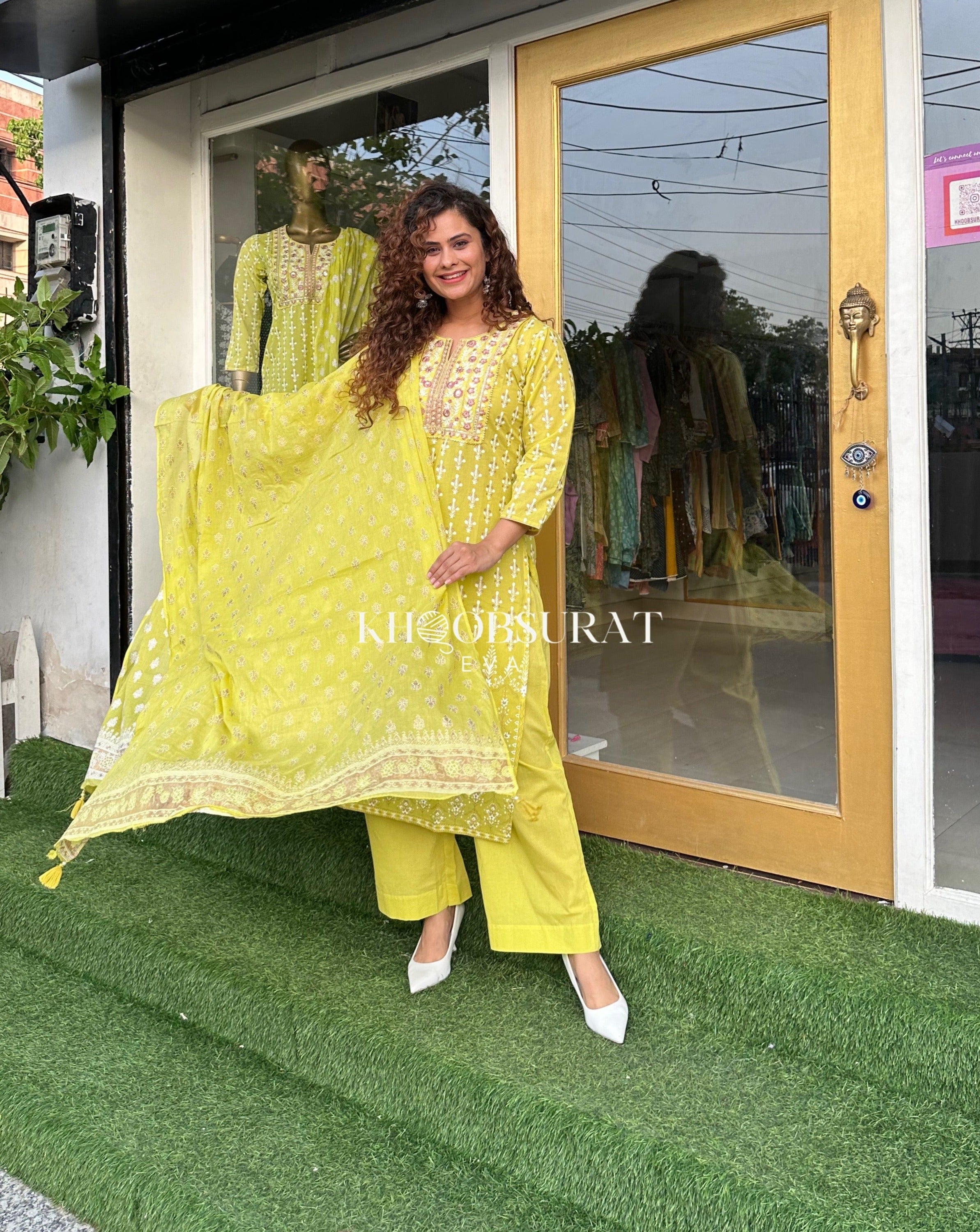 FREYA YELLOW EMBROIDERY KURTA SUIT SET 