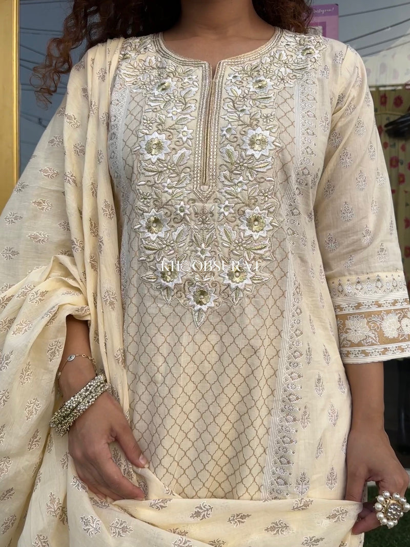 CREAM COTTON SUIT WITH EMBROIDERY