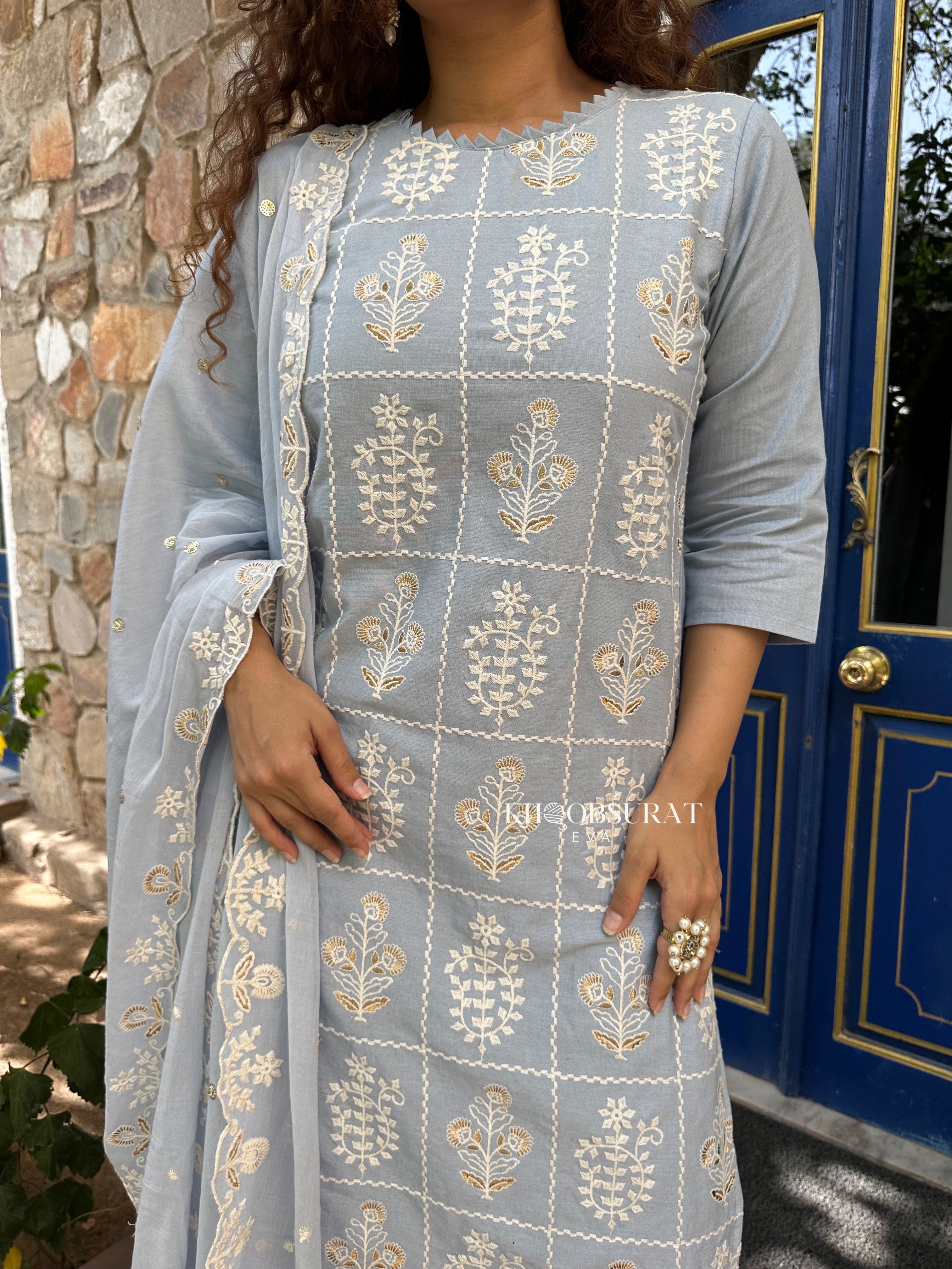 AESTHETIC BLUE EMBROIDERY KURTA SUIT SET 