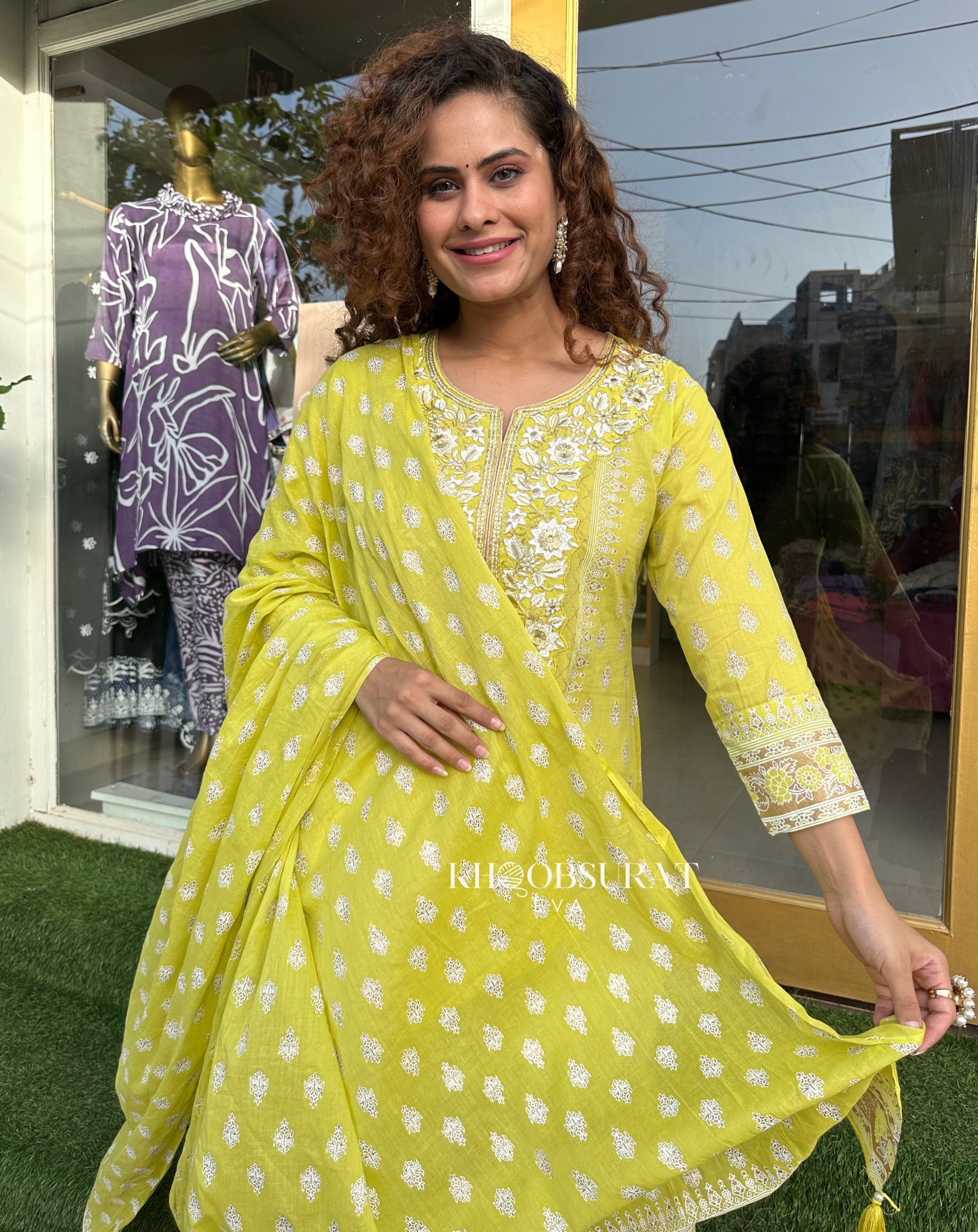 YELLOW COTTON SUIT WITH EMBROIDERY 