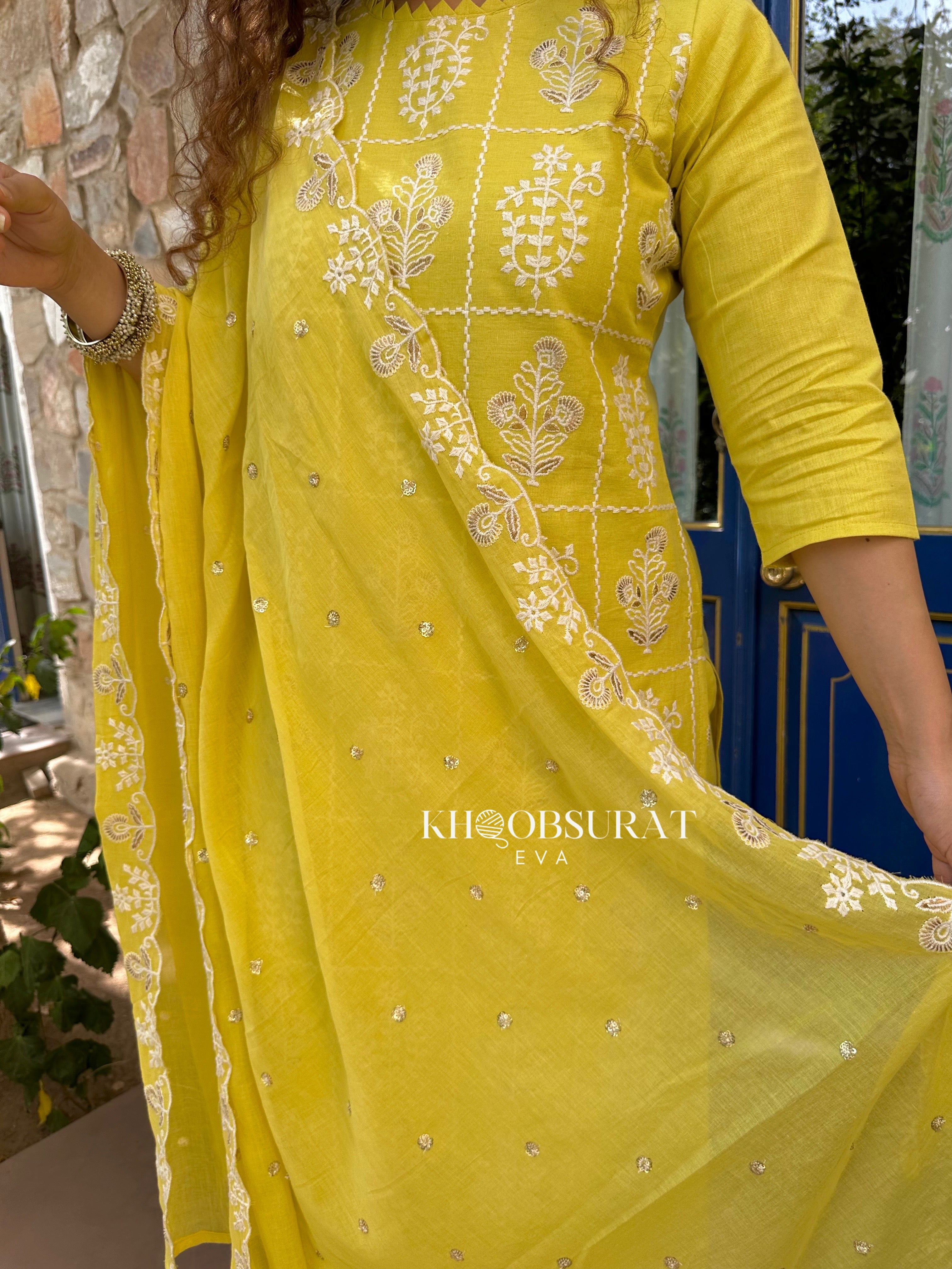 AESTHETIC YELLOW EMBROIDERY KURTA SUIT SET