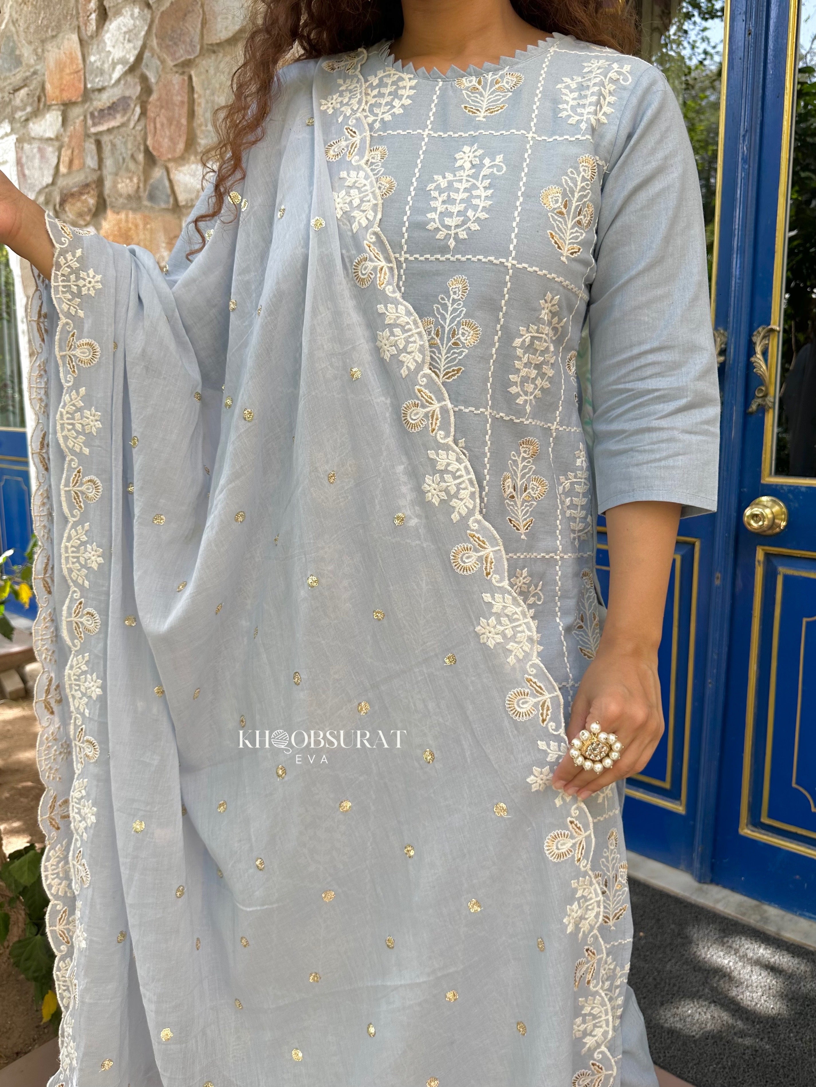 AESTHETIC BLUE EMBROIDERY KURTA SUIT SET 