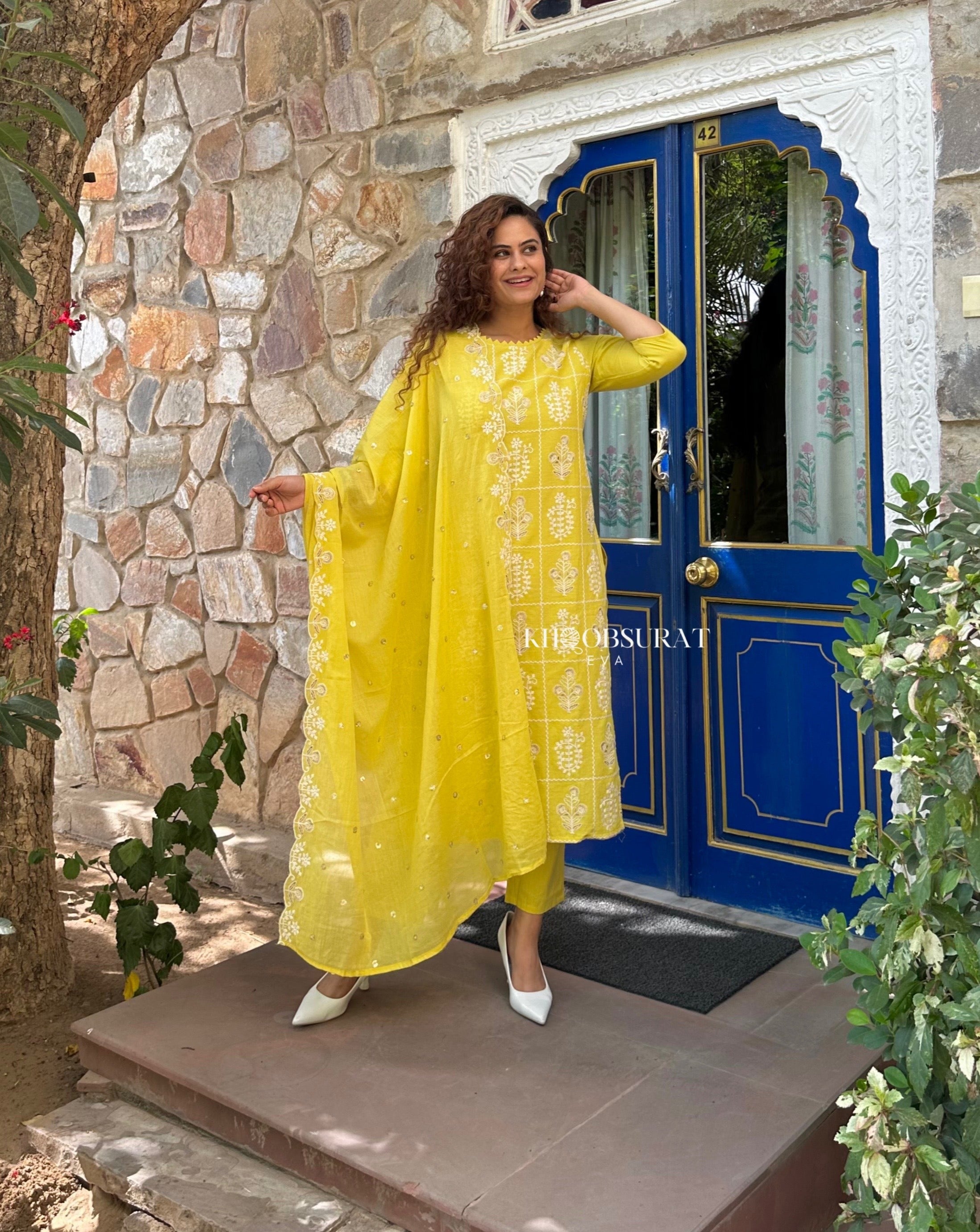 AESTHETIC YELLOW EMBROIDERY KURTA SUIT SET