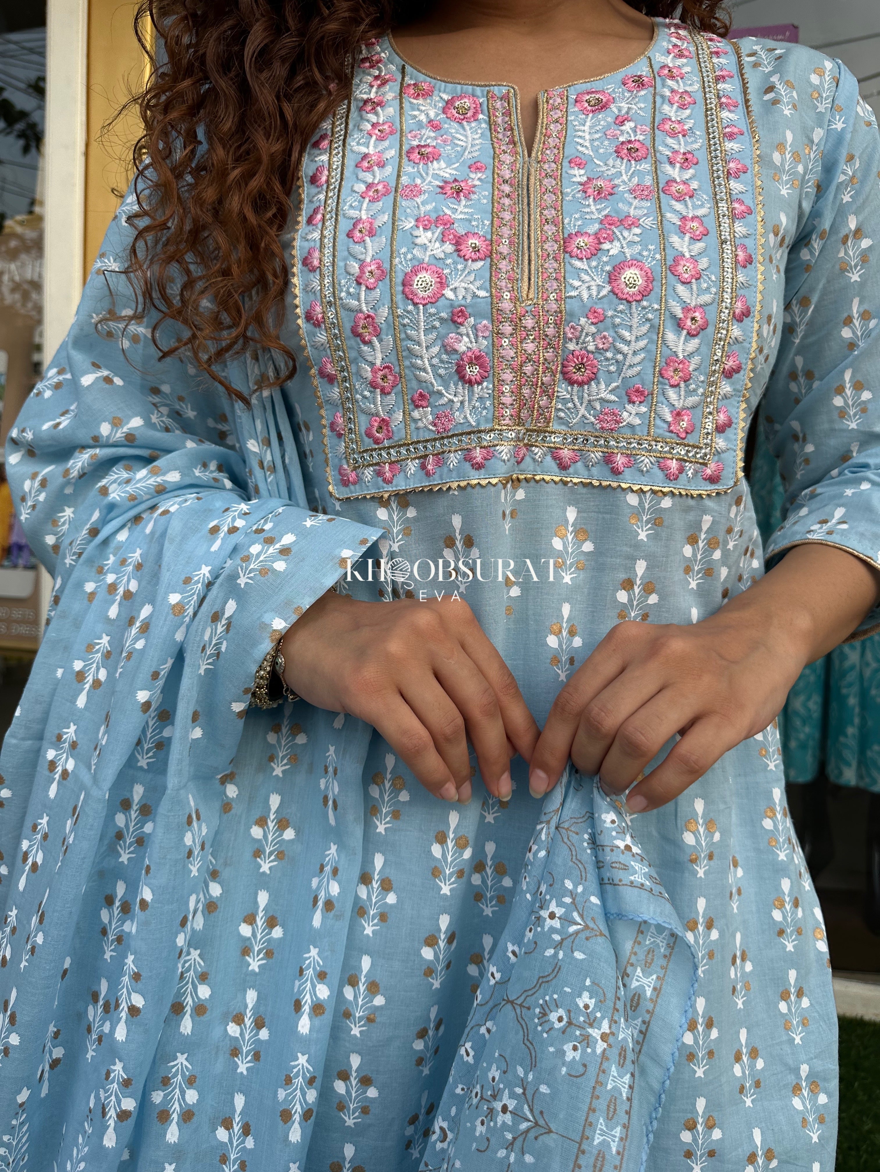 JAANAKI BLUE EMBROIDERY KURTA SUIT SET