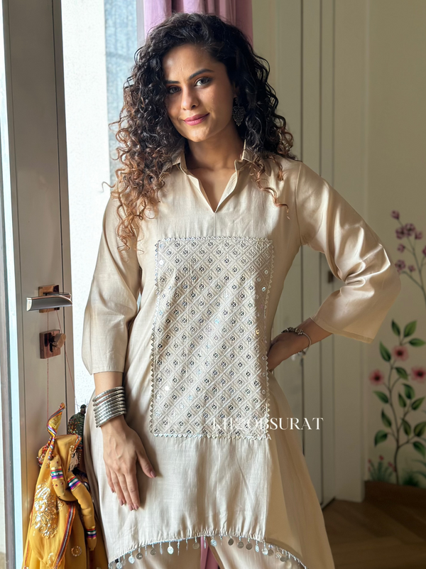 Bonjour Begum Beige Sequin Kurta Set