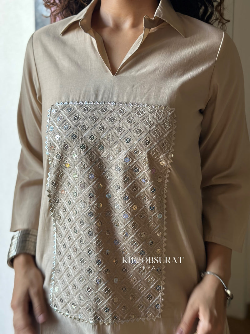 Bonjour Begum Beige Sequin Kurta Set