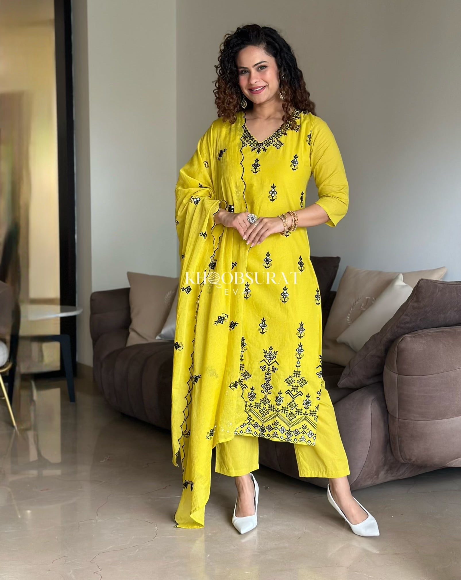 Biba Yellow Kurta Suit Sets For Woman