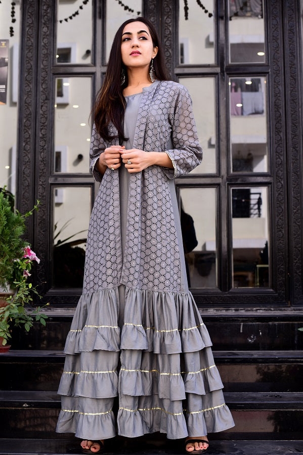 Grey Embroidered Jacket Maxi Dress