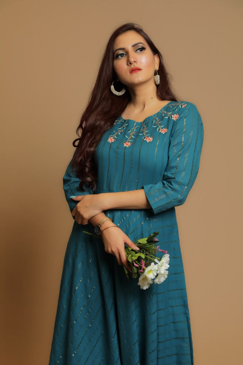 Teal Blue Embroidered Festive Maxi Dress