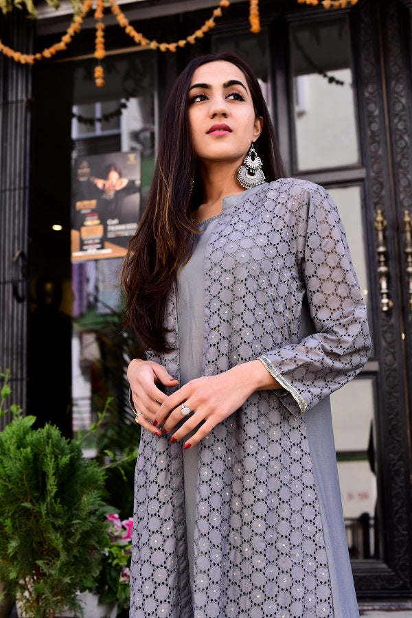 Grey Embroidered Jacket Maxi Dress