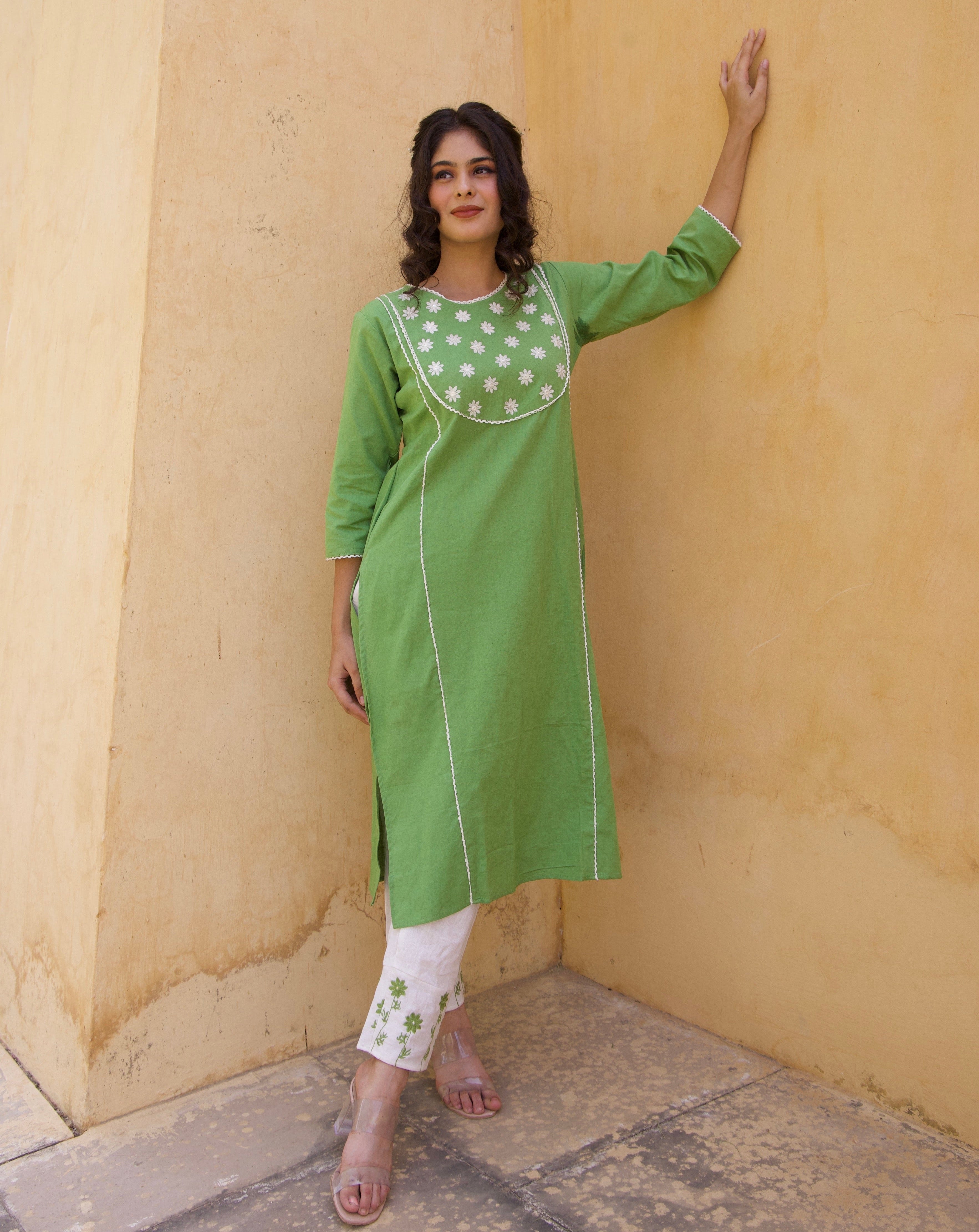 Green Cotton floral Kurta Set 