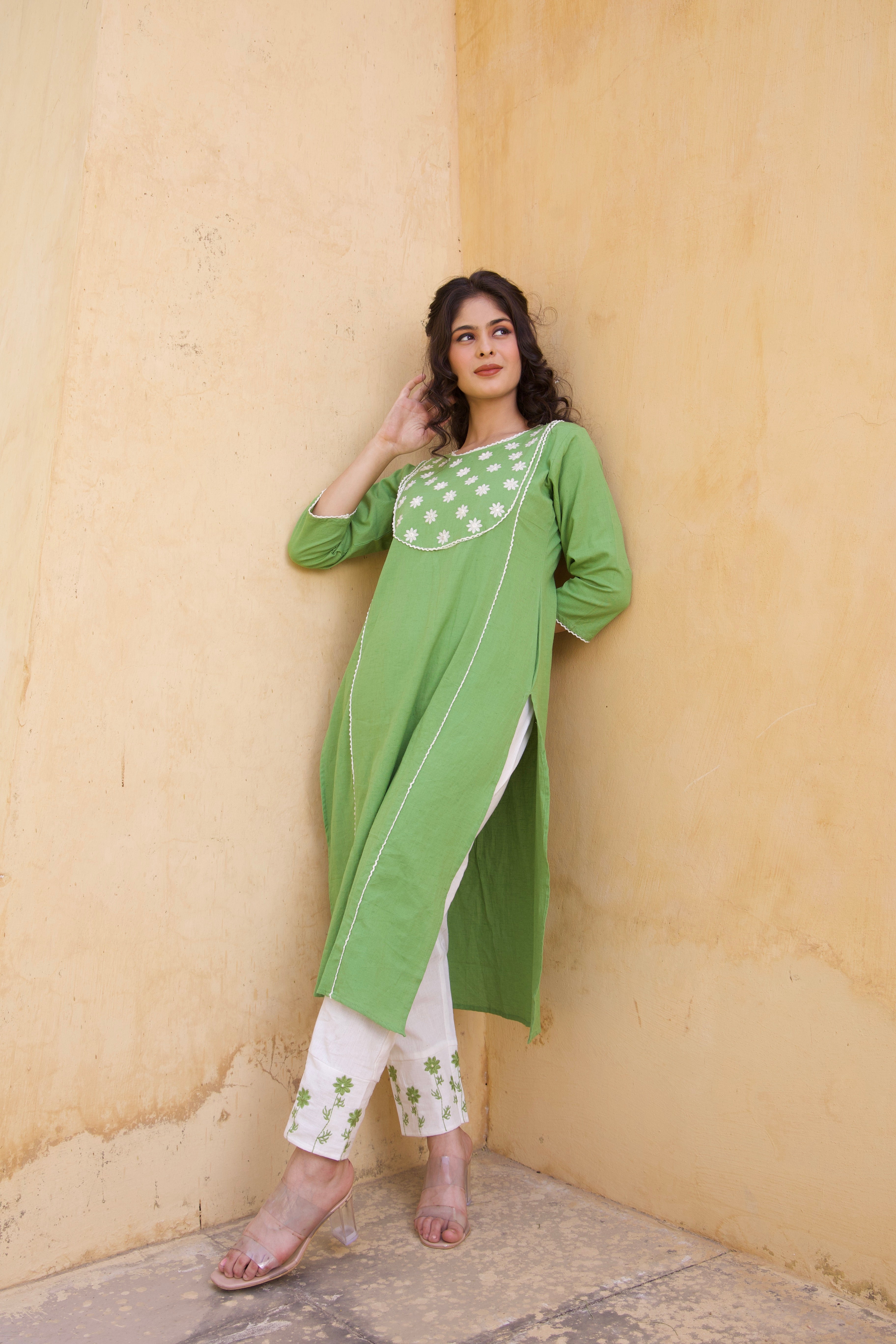 Green Cotton floral Kurta Set