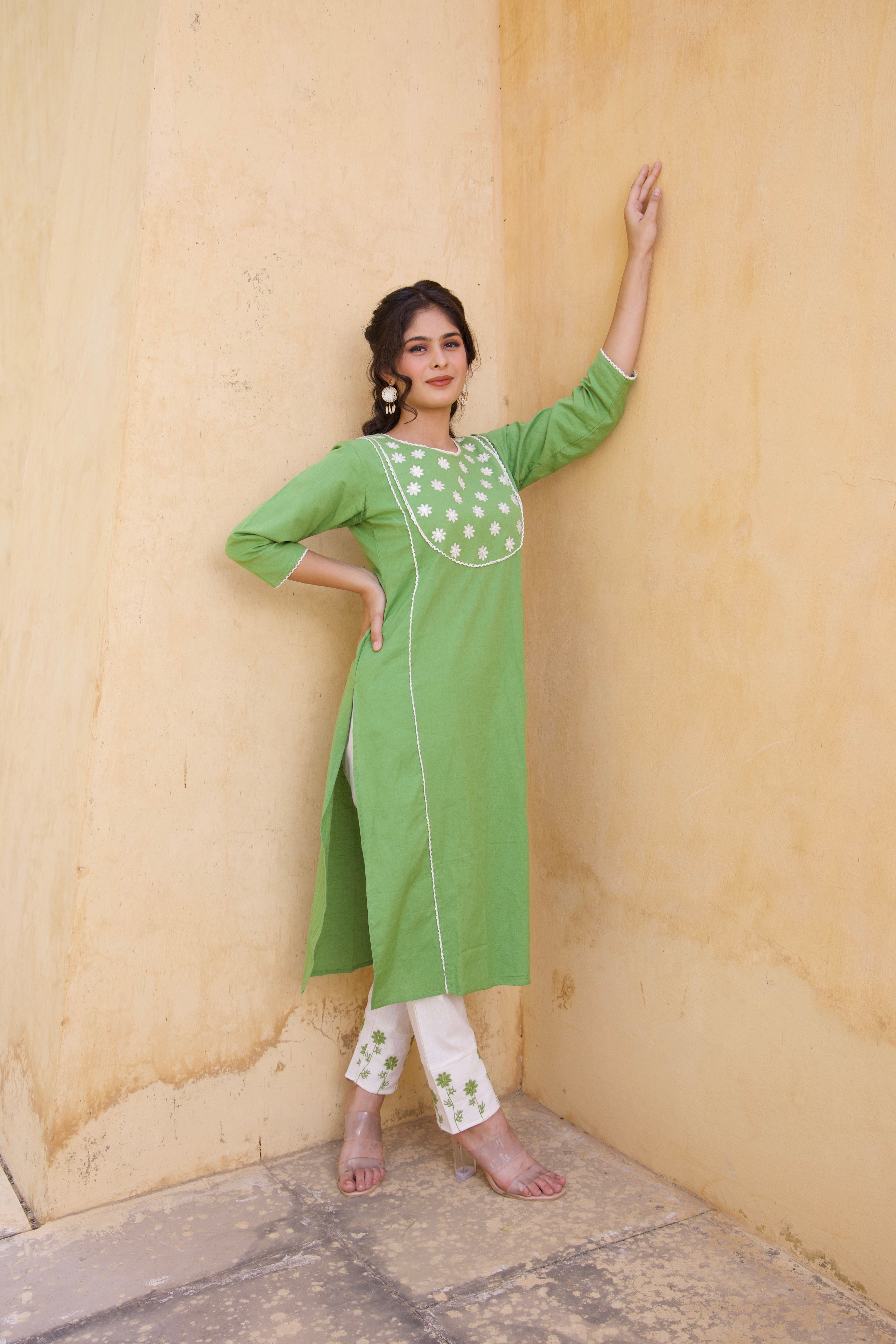 Green Cotton floral Kurta Set