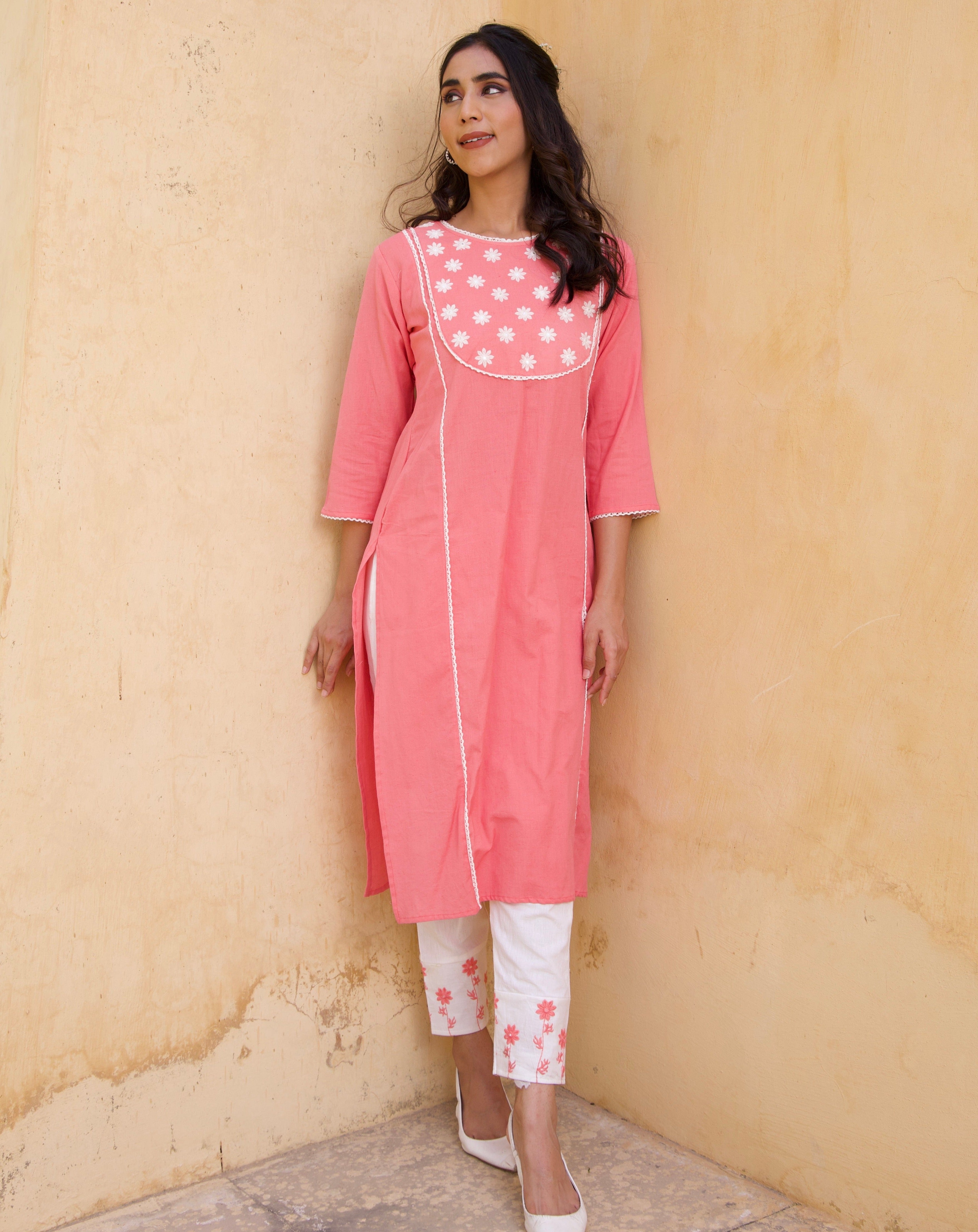 Pink Cotton floral Kurta Set