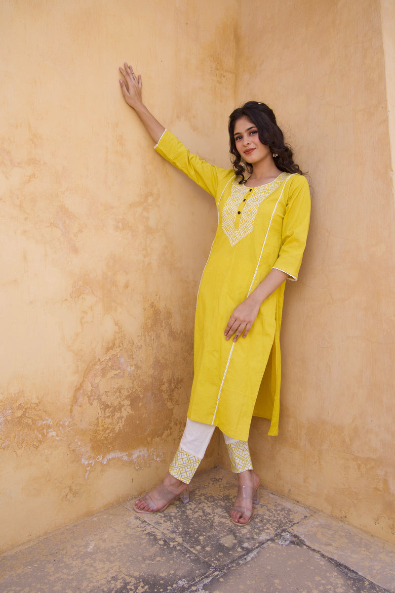White And Yellow Embroidered Kurta And Pants
