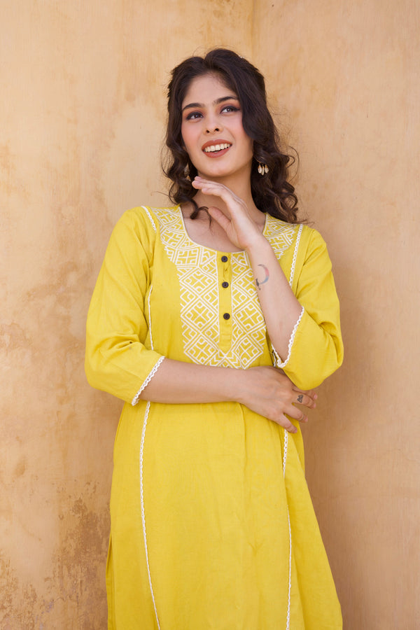 White And Yellow Embroidered Kurta And Pants