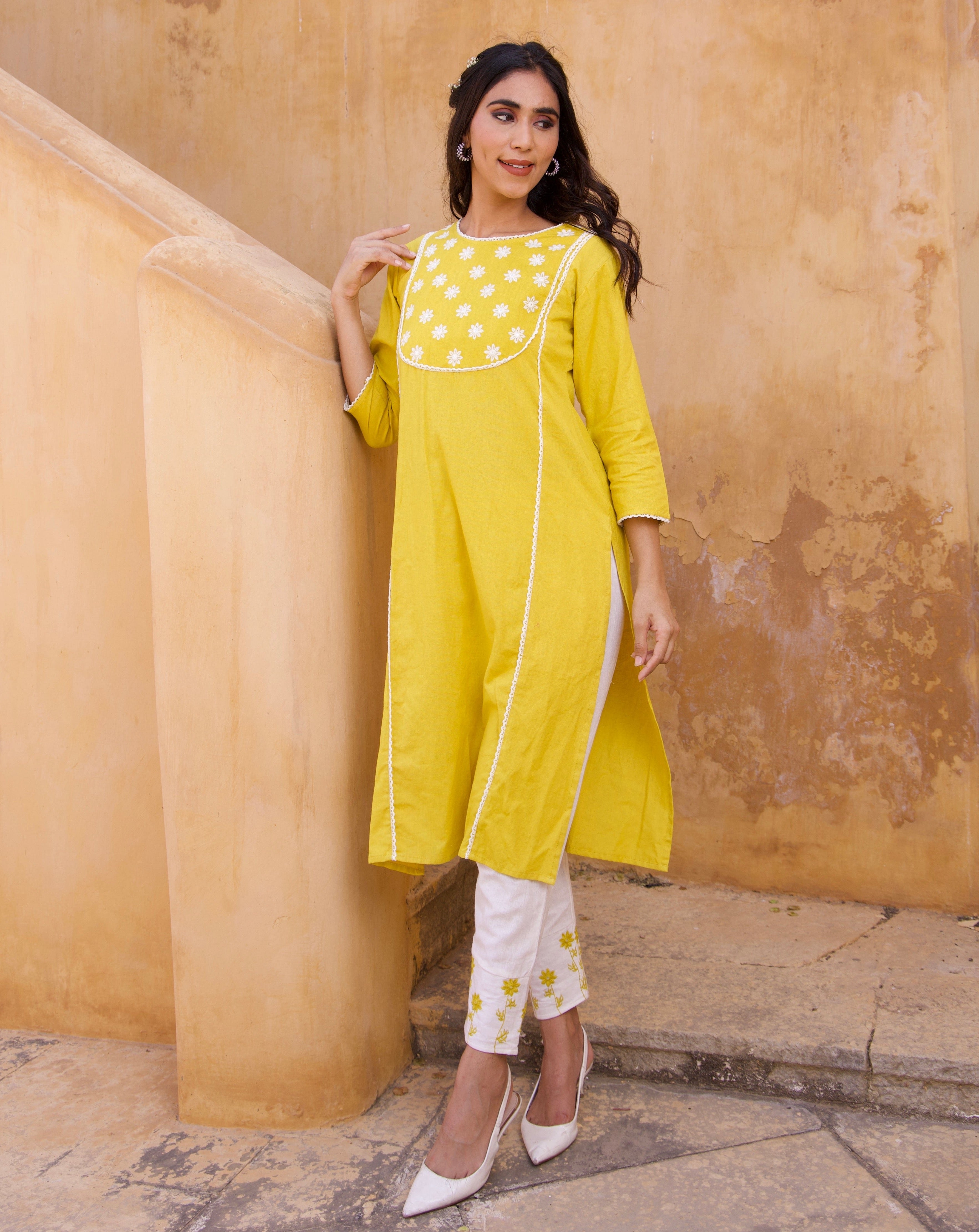 Yellow Cotton floral Summer Kurta Set Media