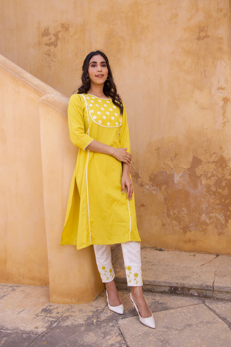 Yellow Cotton floral Summer Kurta Set 