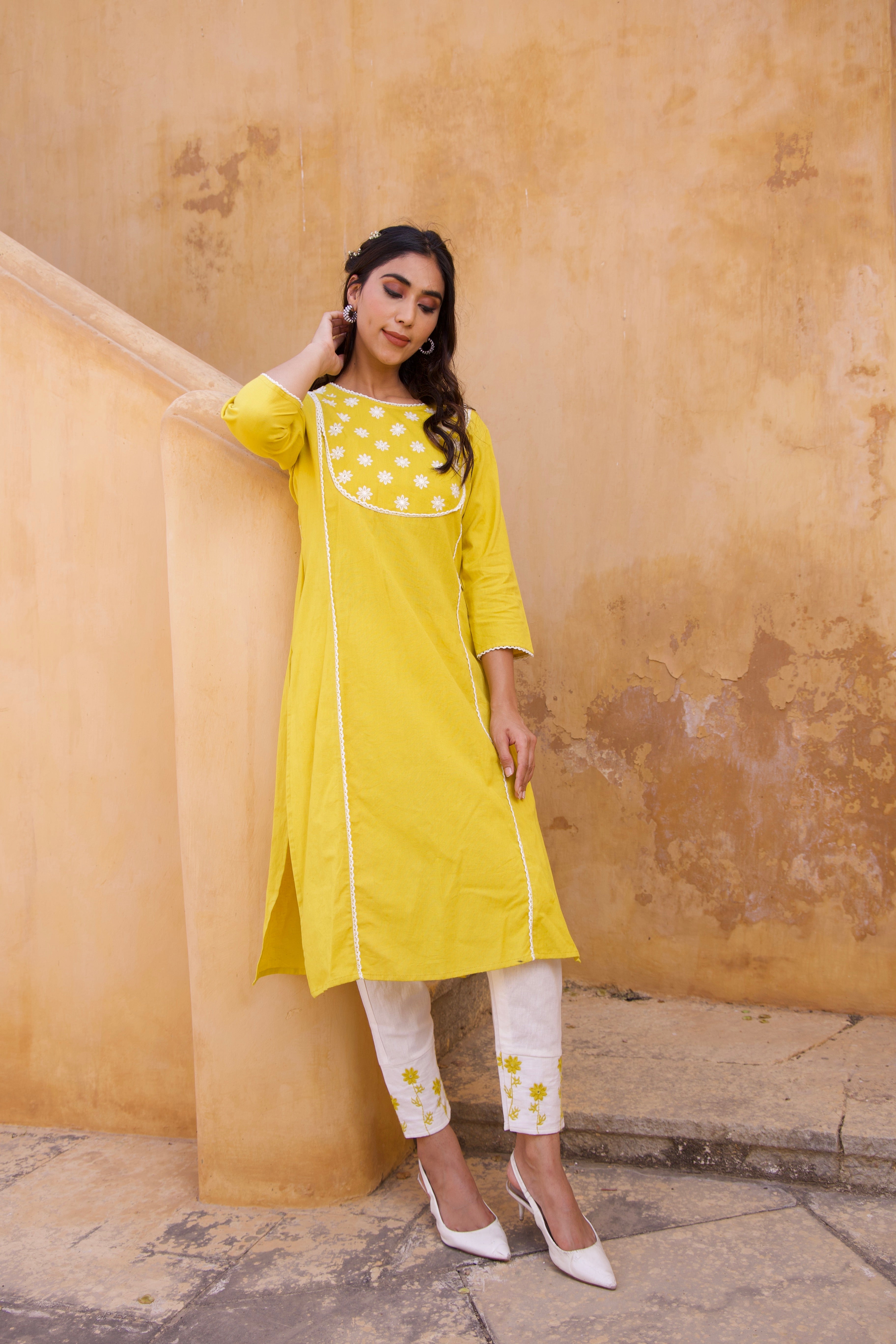 Yellow Cotton floral Summer Kurta Set 