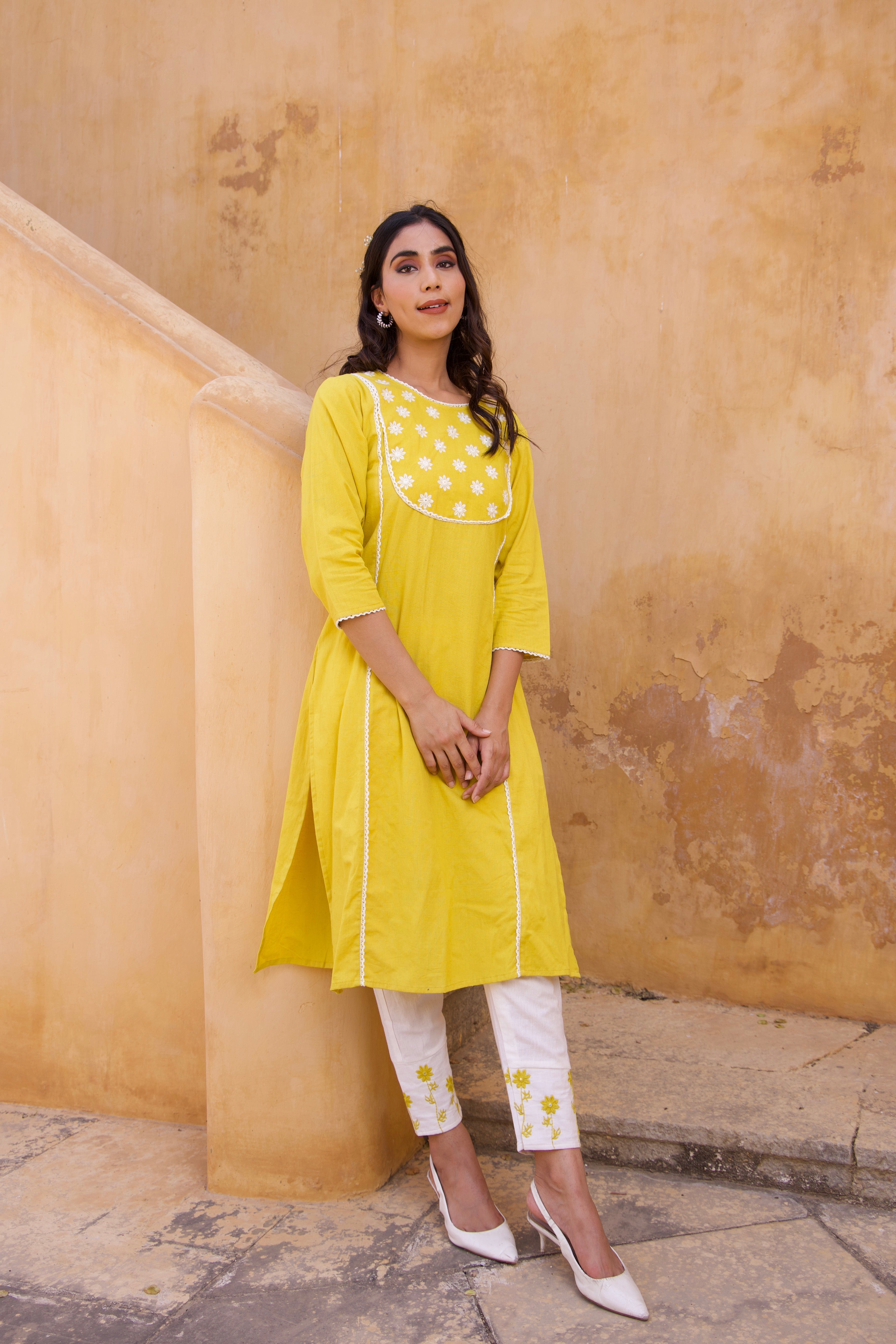 Yellow Cotton floral Summer Kurta Set 