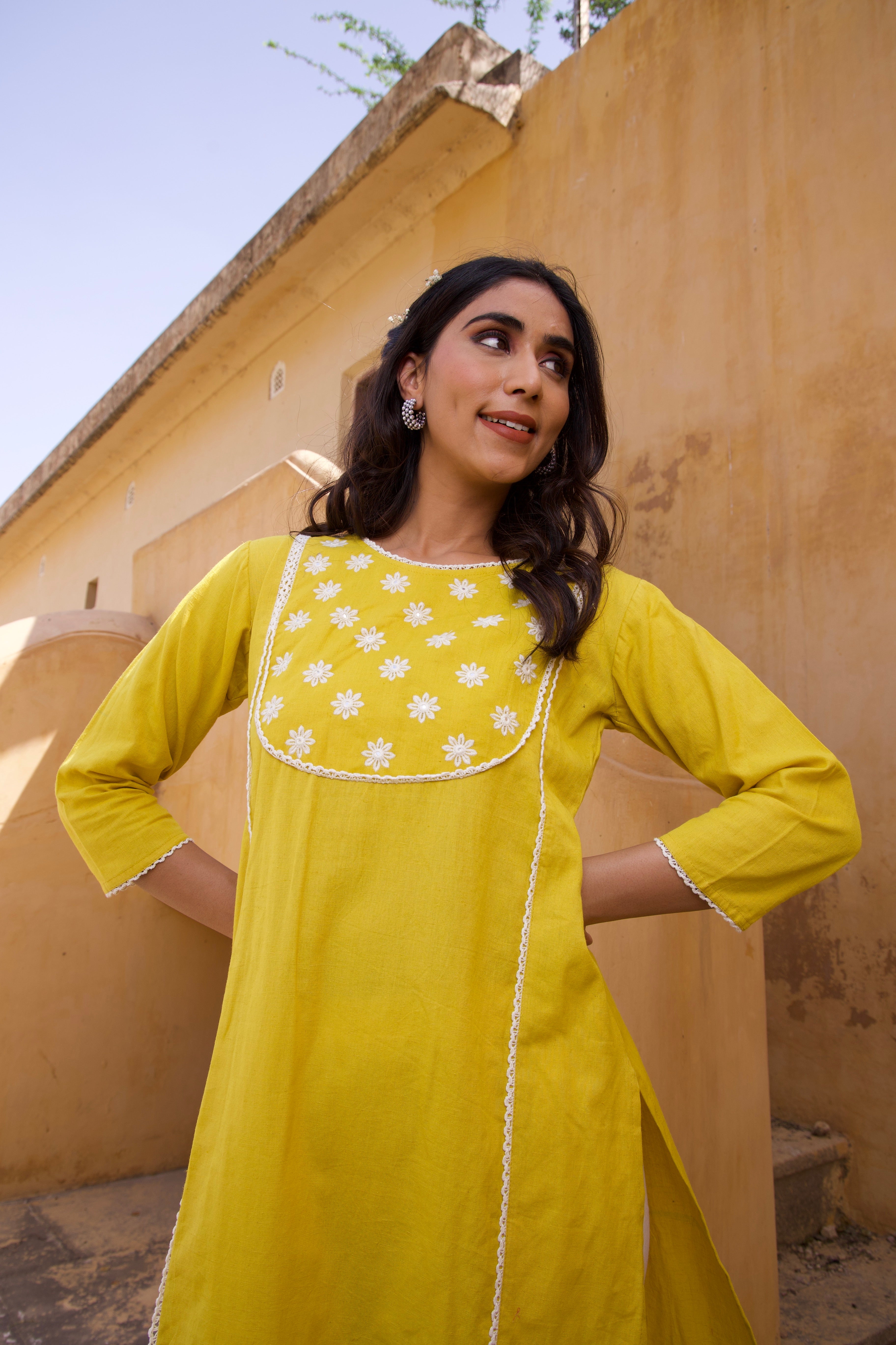 Yellow Cotton floral Summer Kurta Set 