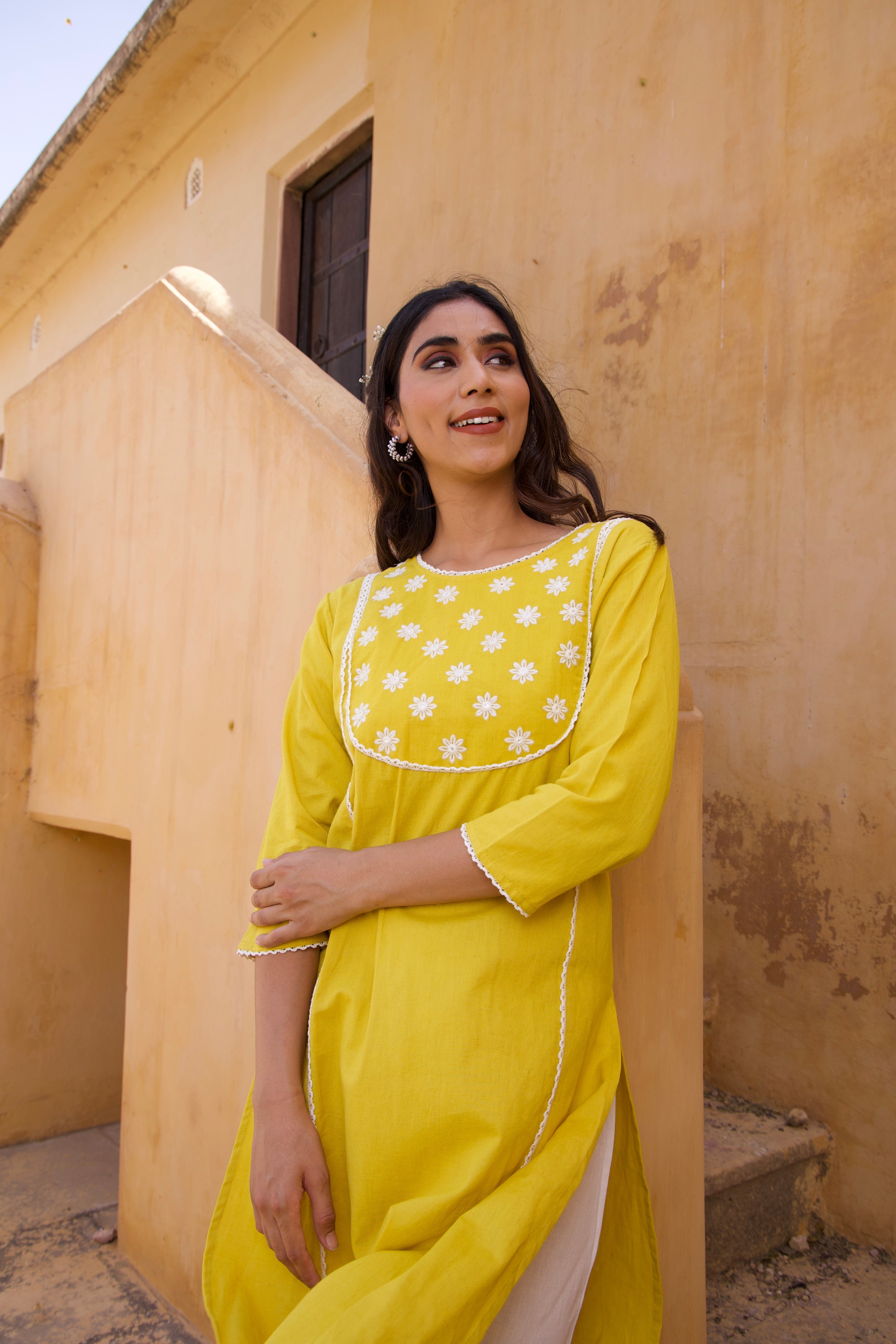 Yellow Cotton floral Summer Kurta Set