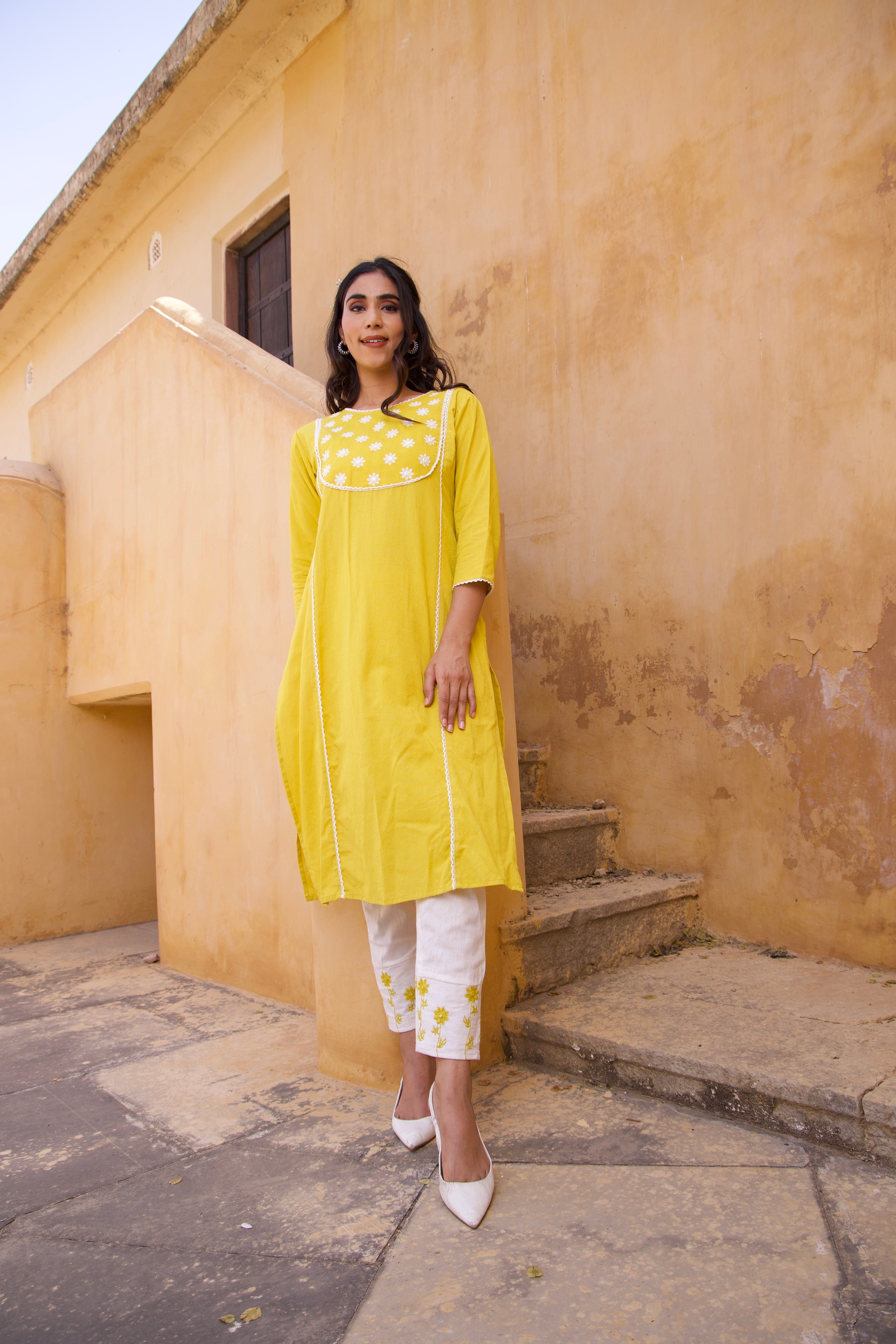 Yellow Cotton floral Summer Kurta Set