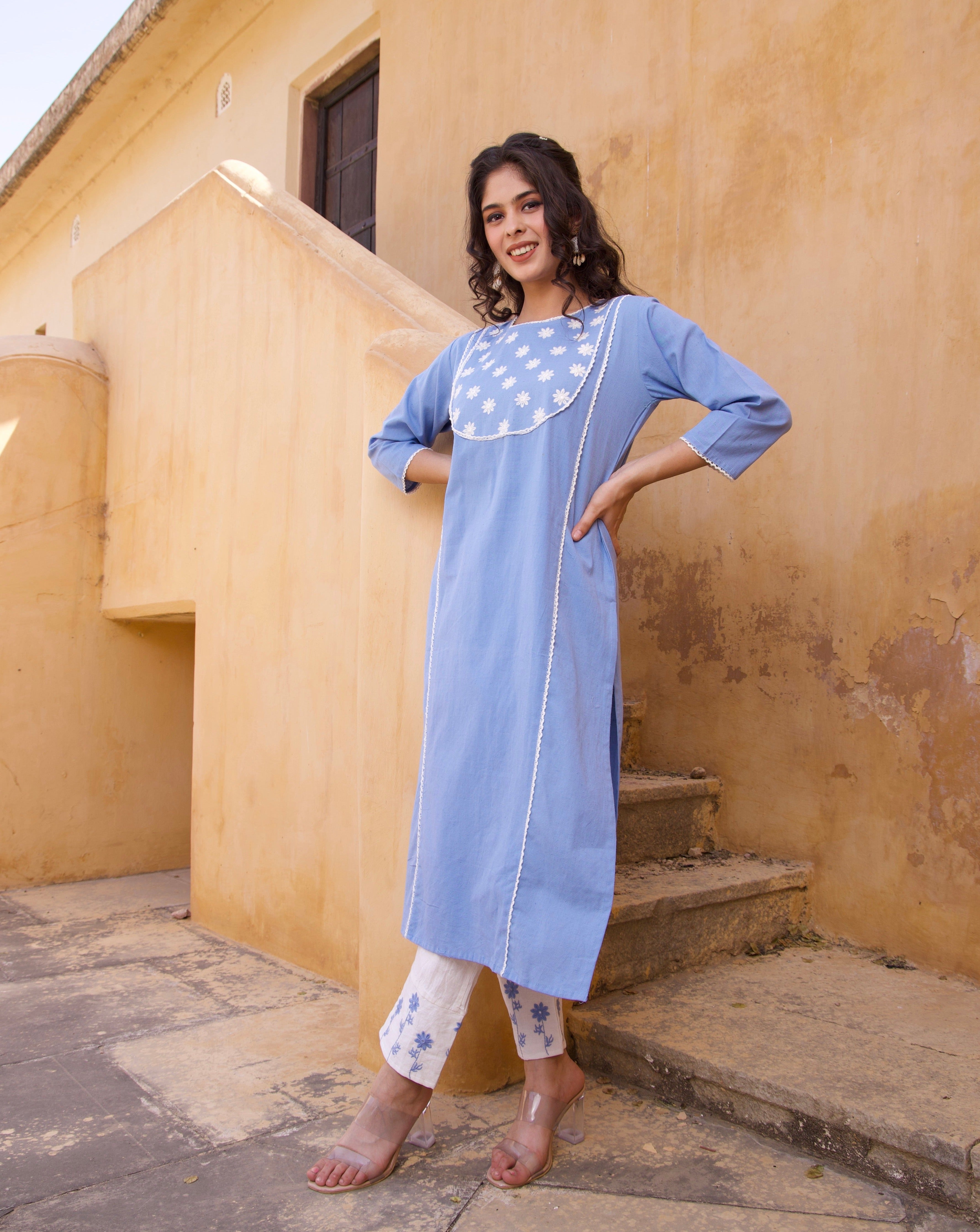 Sky Blue floral Kurta Set 