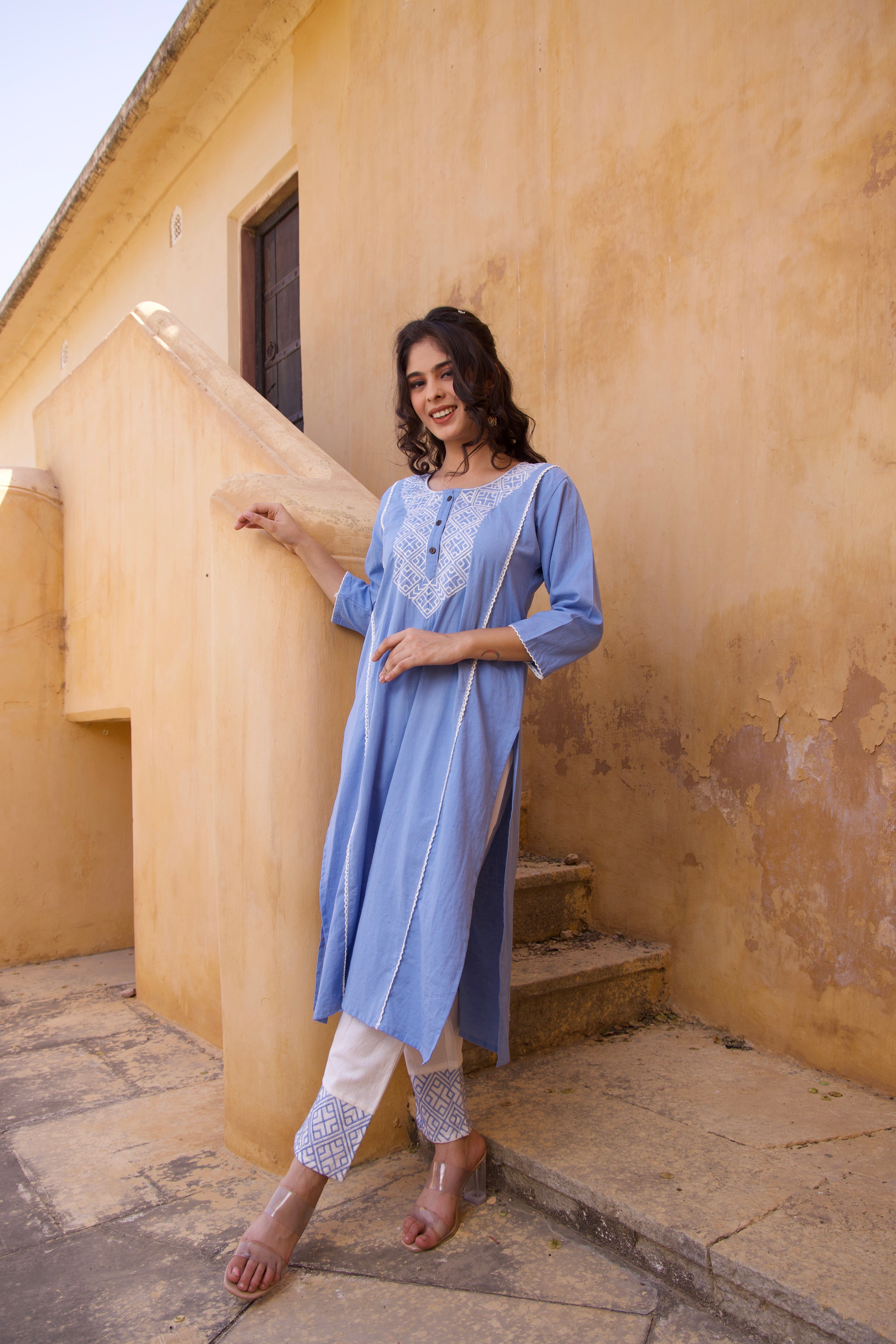 Sky Blue Cotton Summer Embroidered Kurta Set