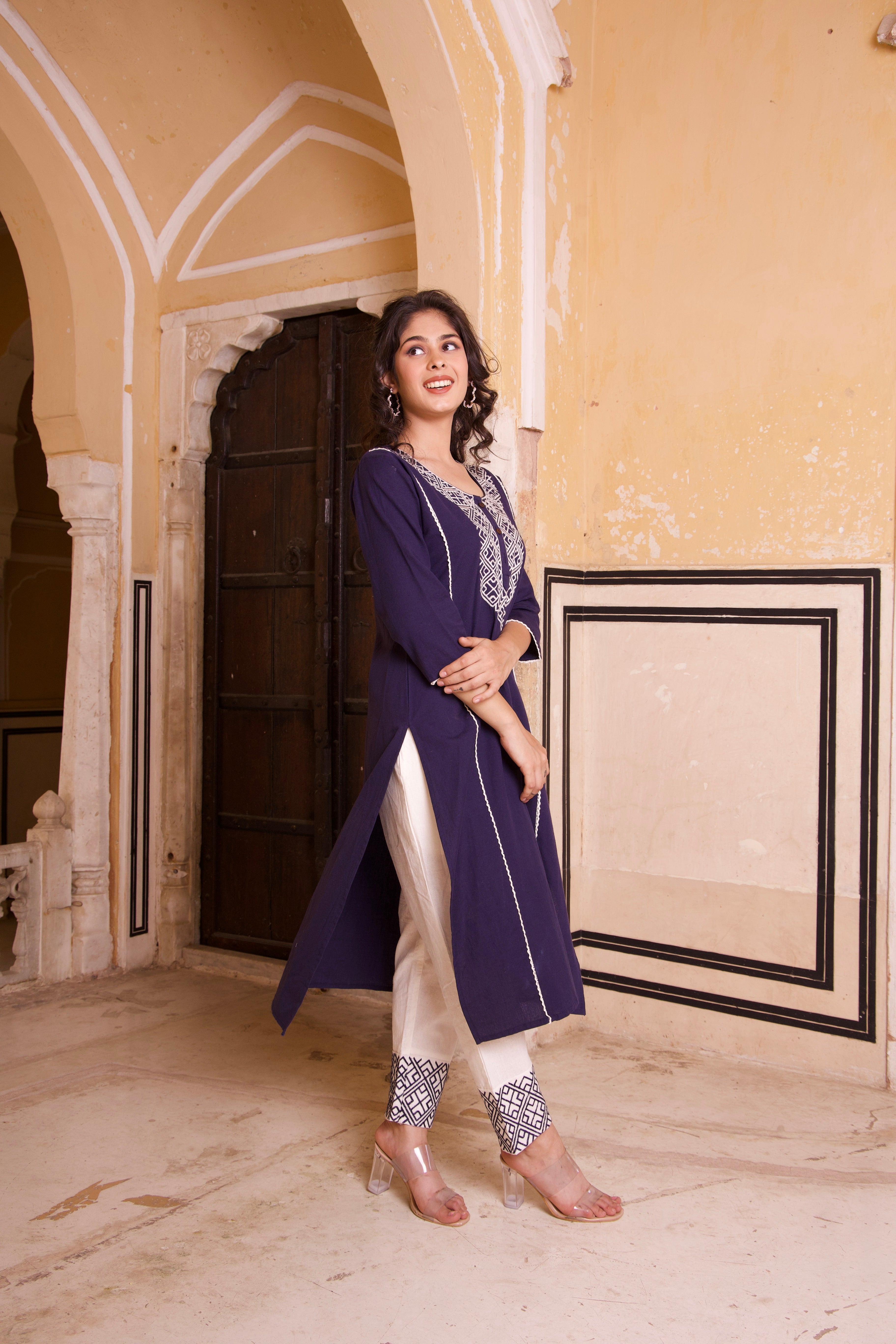 Navy Blue Cotton Summer Embroidered Kurta Set