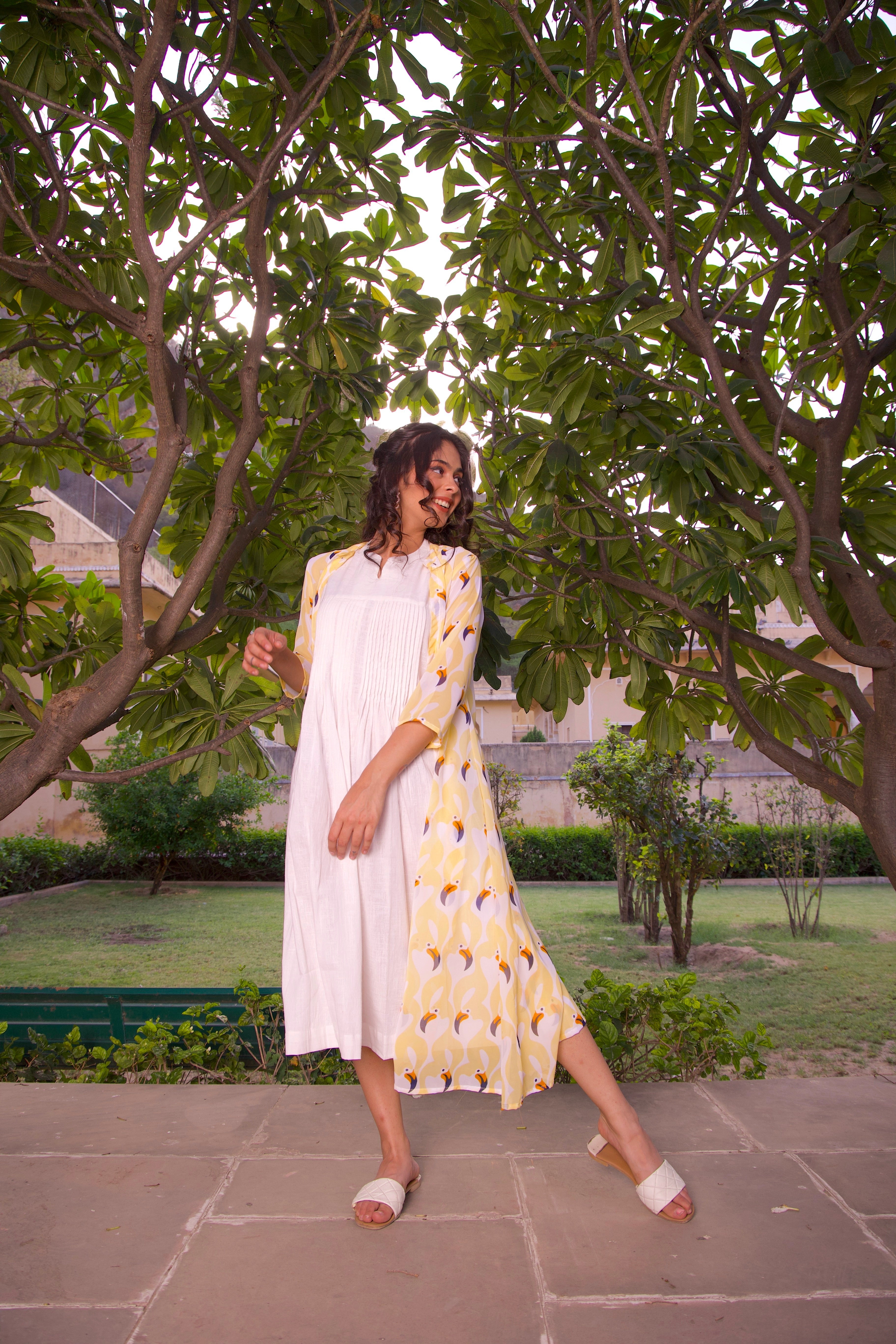 Yellow Printed Jacket And Maxi Dress