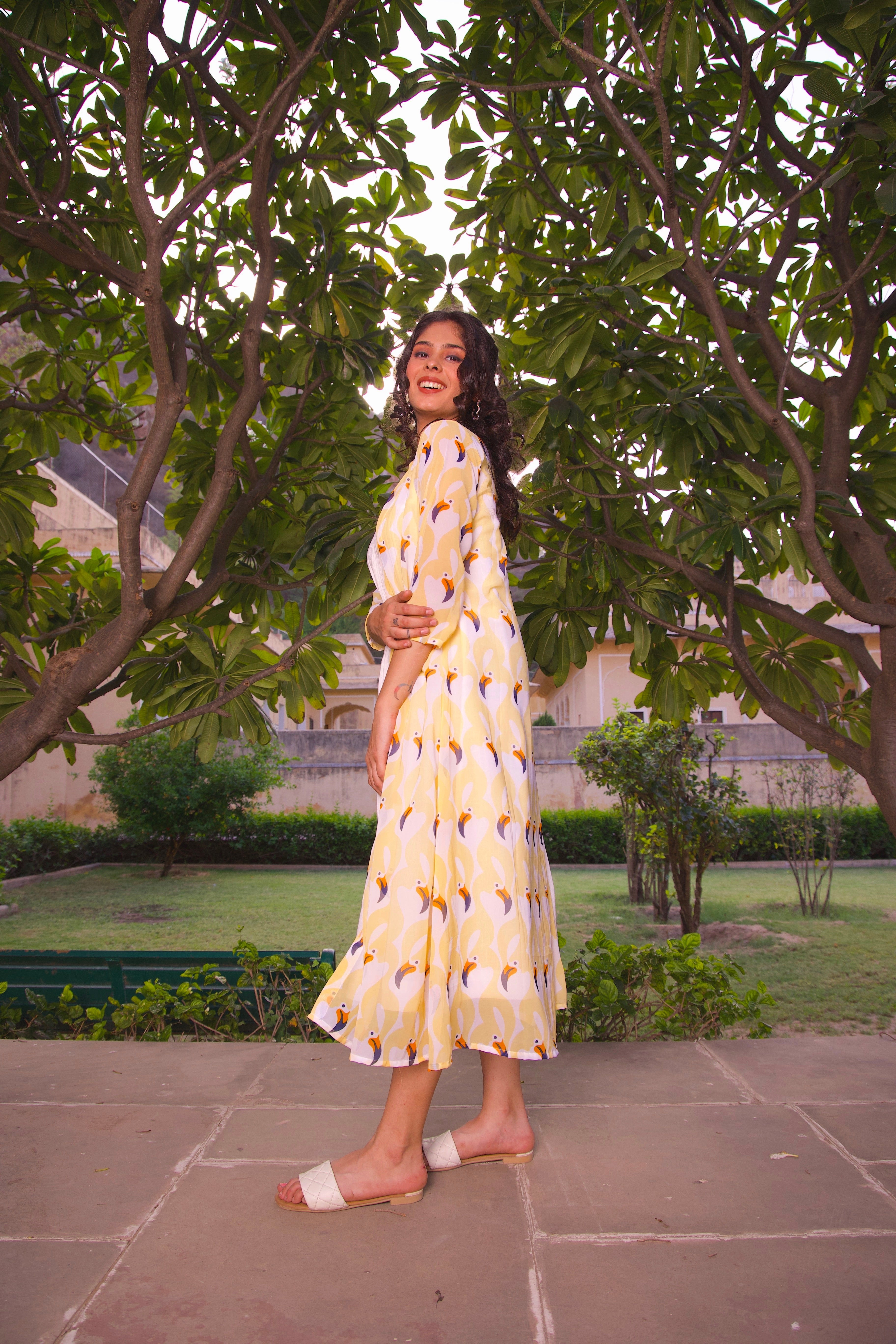 Yellow Printed Jacket And Maxi Dress