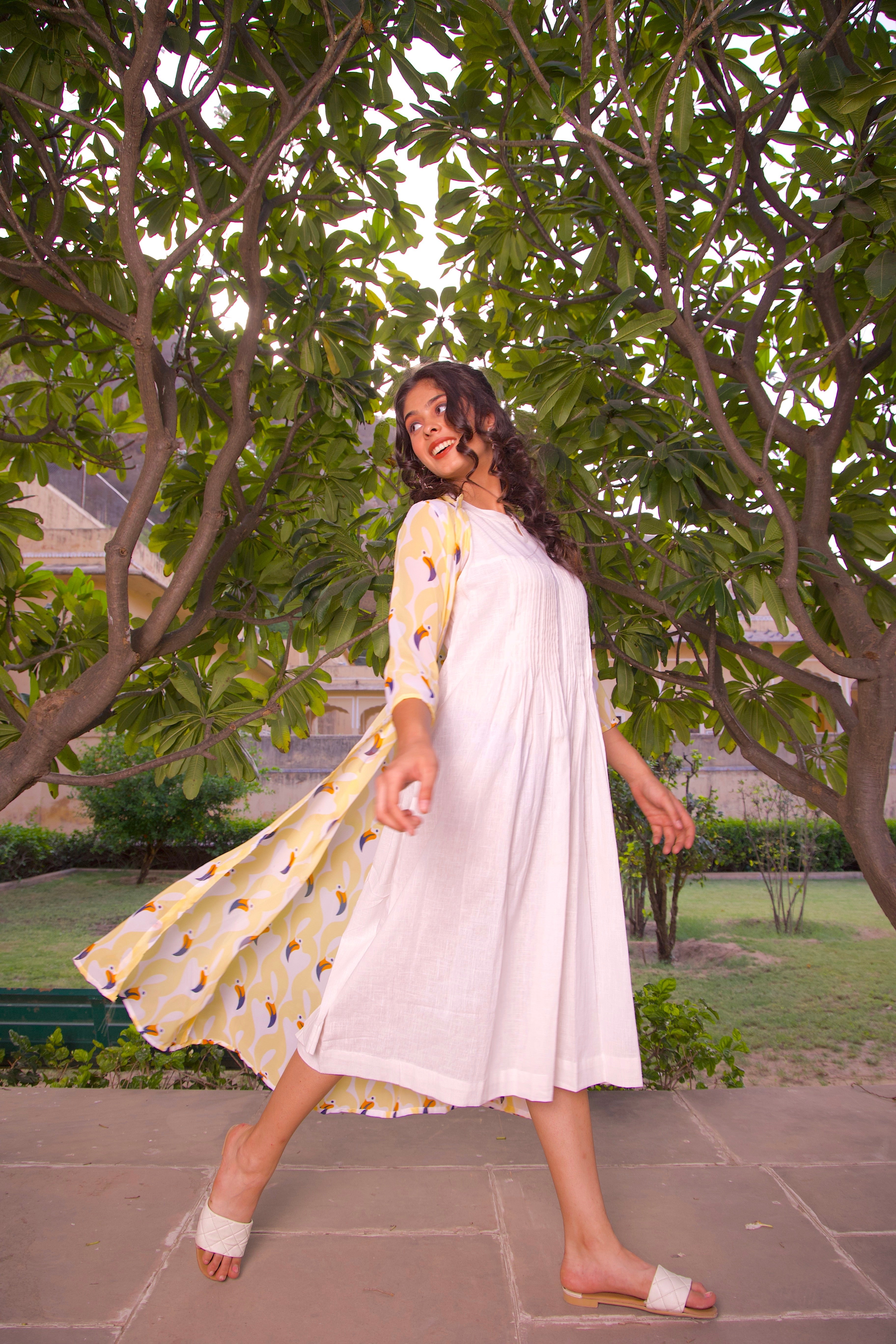 Yellow Printed Jacket And Maxi Dress