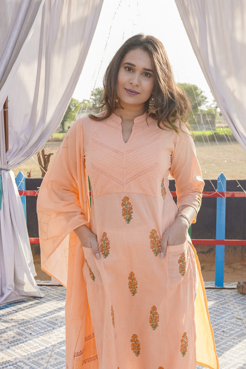 Peach Block Print Kurta Suit Set 