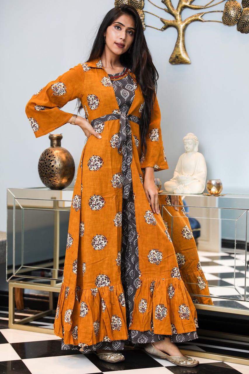 Grey And Mustard Printed Crop Top Sharara With Long Jacket