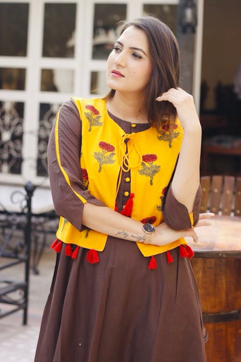 Yellow on Cocoa Brown Jacket Maxi Dress