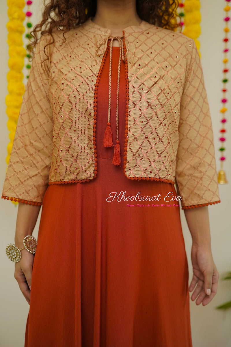 Red Beige Embroidered Jacket Maxi Dress