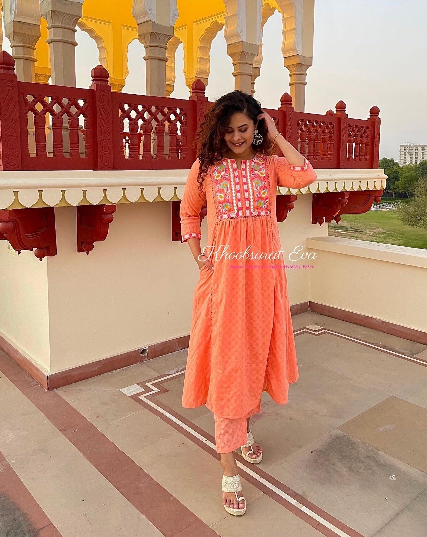 PEACH EMBROIDERED COTTON COORD SET 