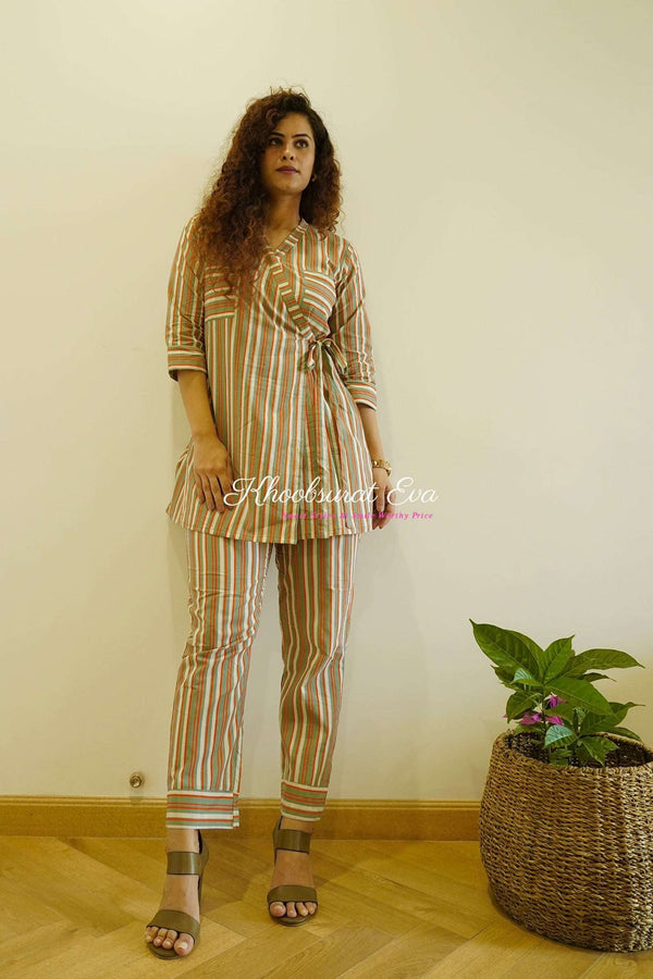 Beige  Stripes Side Tie Wrap shirt and Trousers  Co-Ords Set