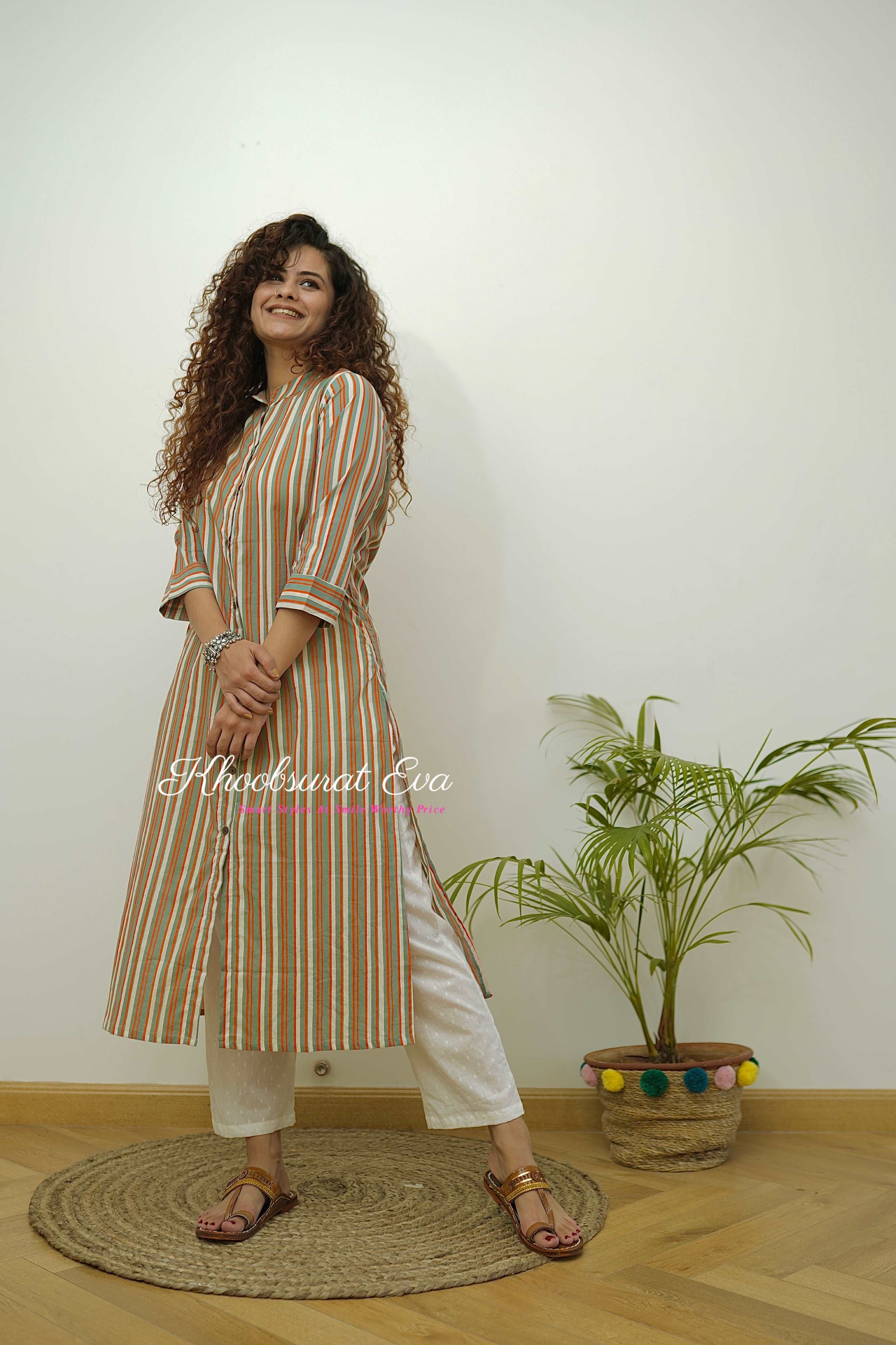 Beige Cotton Stripes Printed Straight Kurta